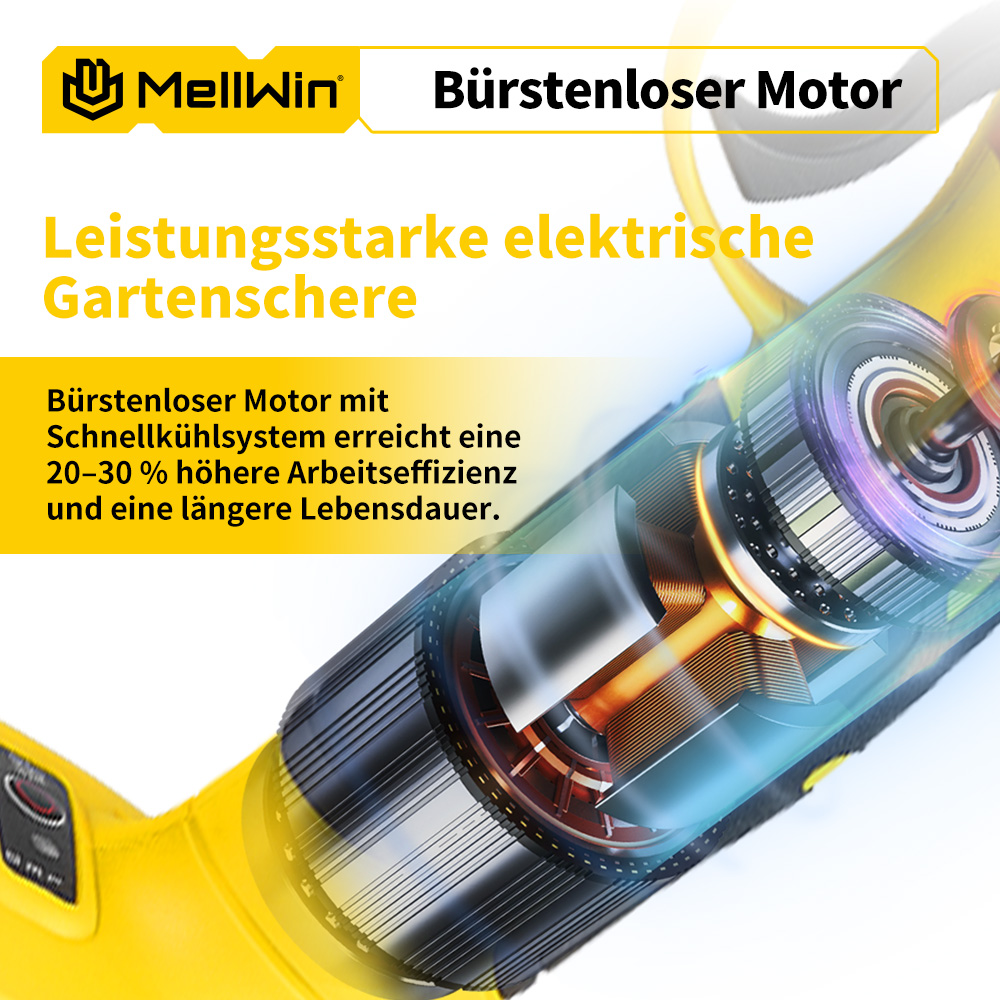 Gelbe Gartenschere mit offenem Blick auf den bürstenlosen Motor mit Kühlrippen.