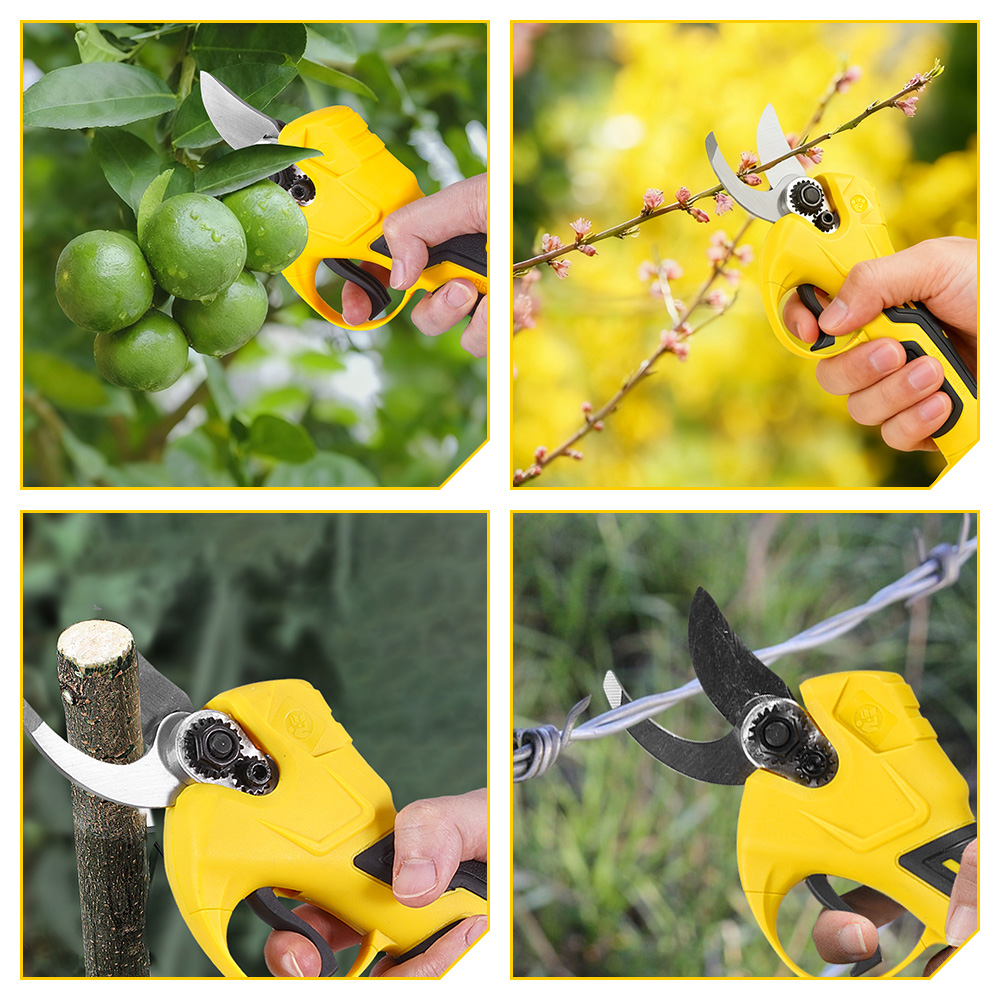 Gelbe Gartenschere schneidet Zweige, Limetten und Draht.