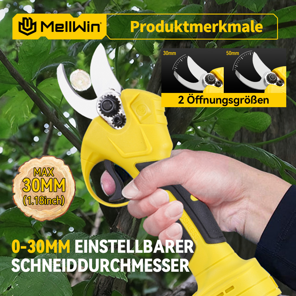 Gelbe Gartenschere mit zwei Öffnungsgrößen, maximal 30 mm Schneiddurchmesser.