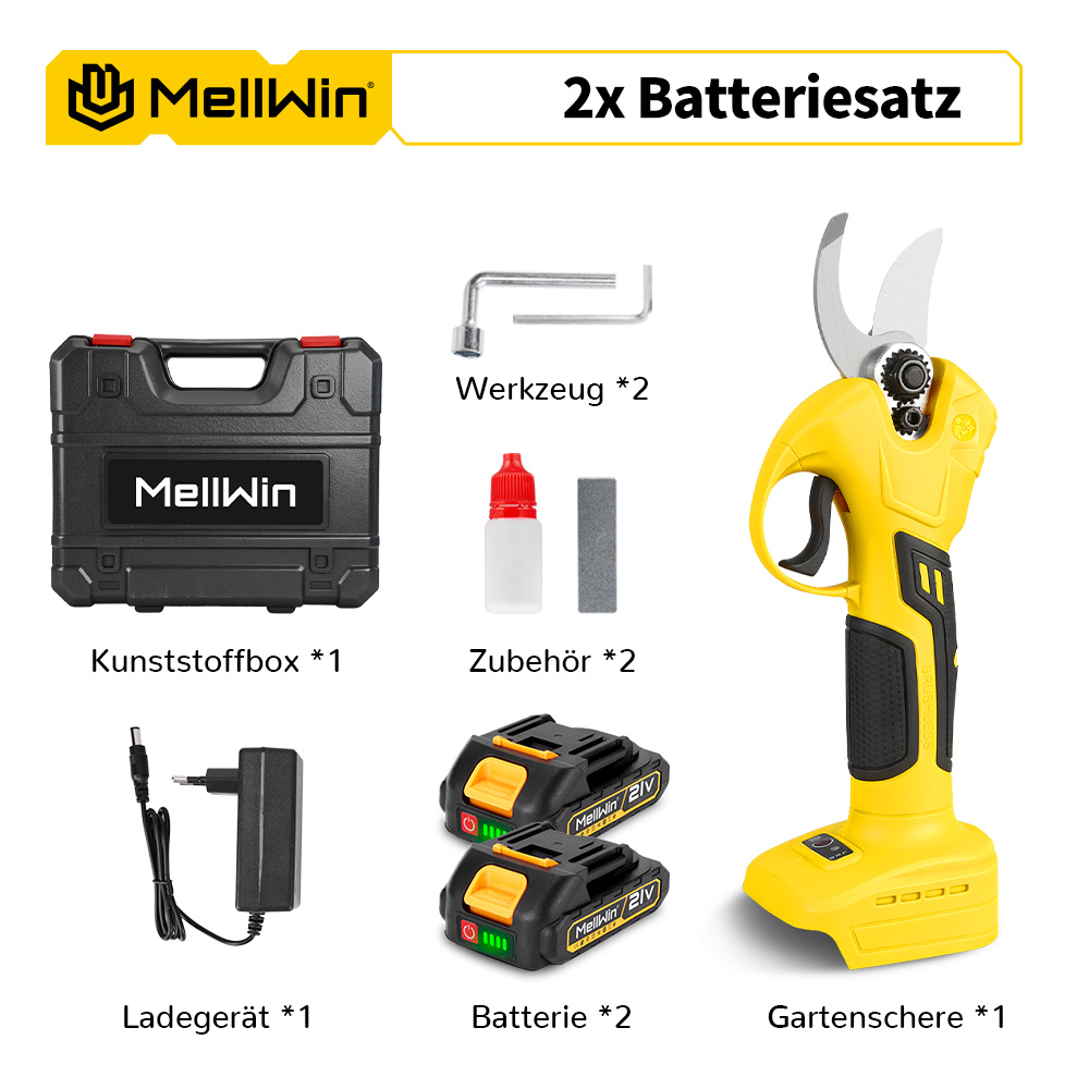 Elektrische Gartenschere mit Zubehör: Koffer, Werkzeug, Lade- gerät, zwei Akkus.