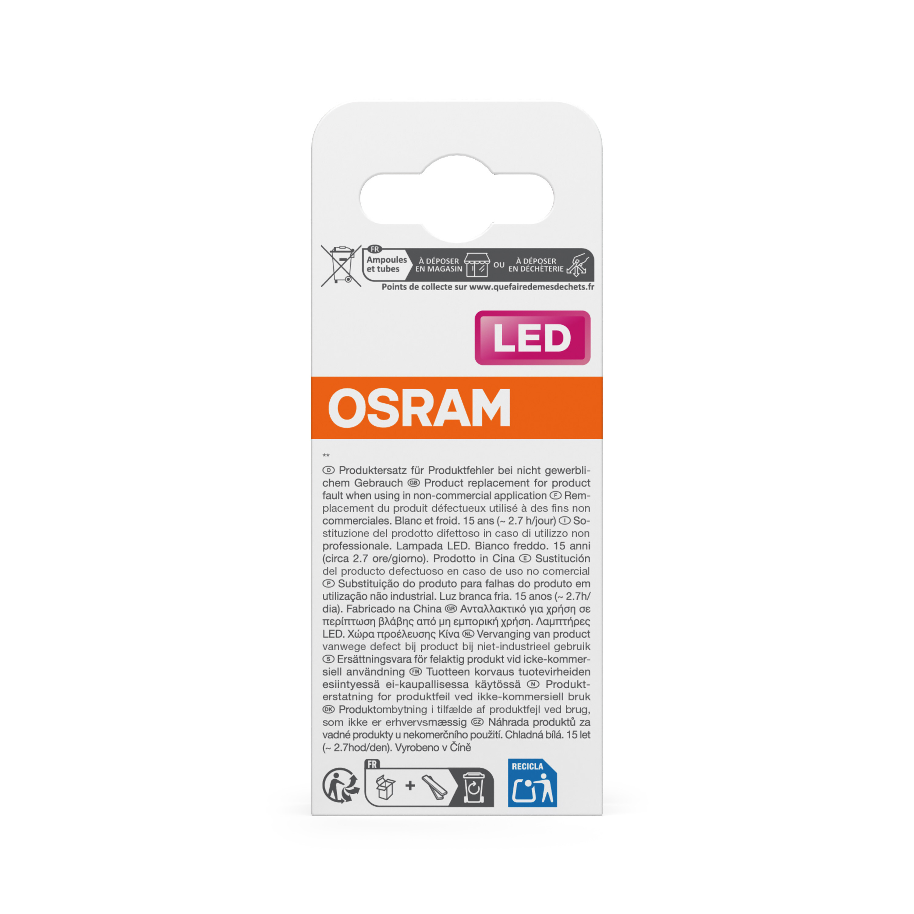 Osram LED-Lampe Verpackung mit Entsorgungshinweisen und Produktinformationen.