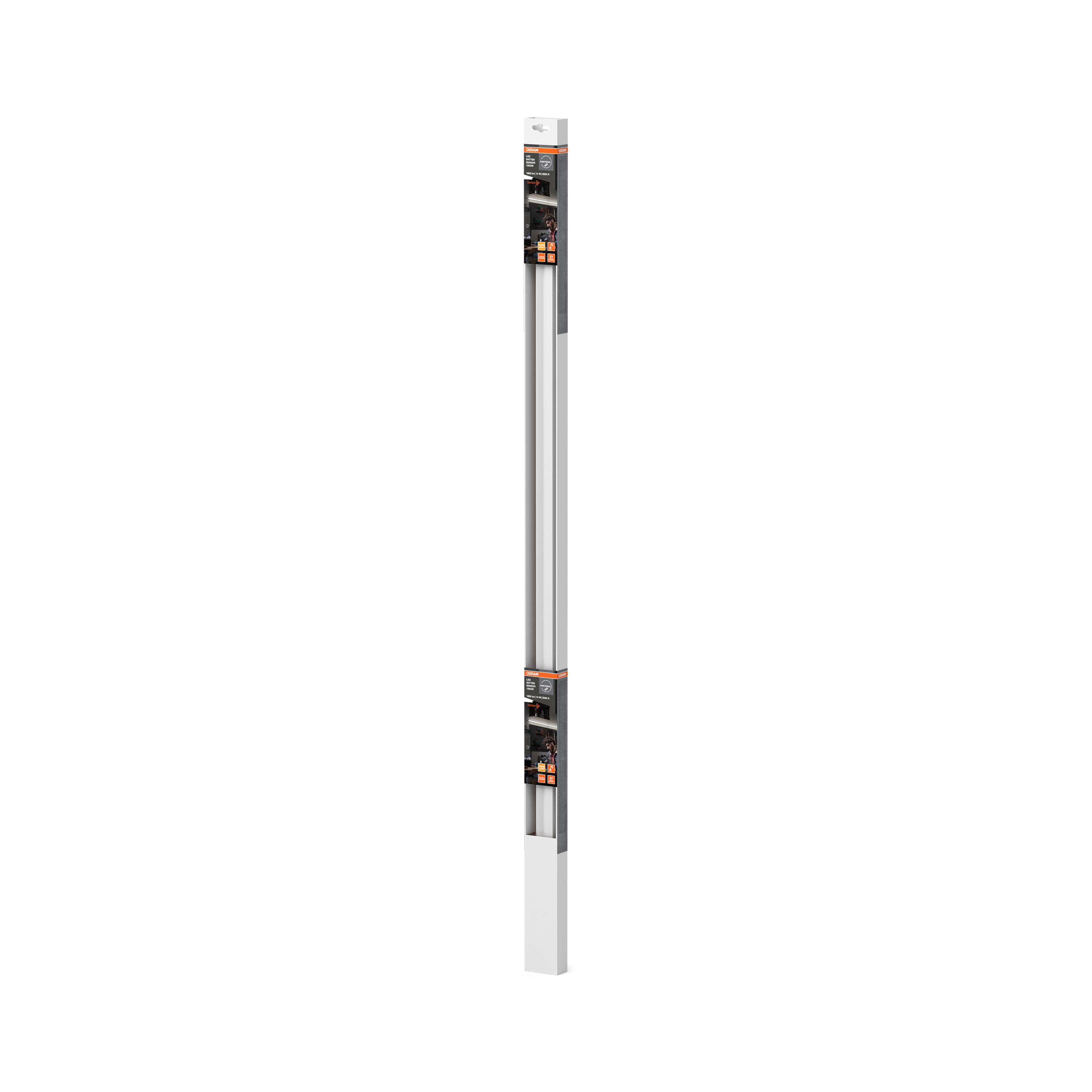 Lange, schmale Verpackung für eine LED-Leiste mit Sensor.