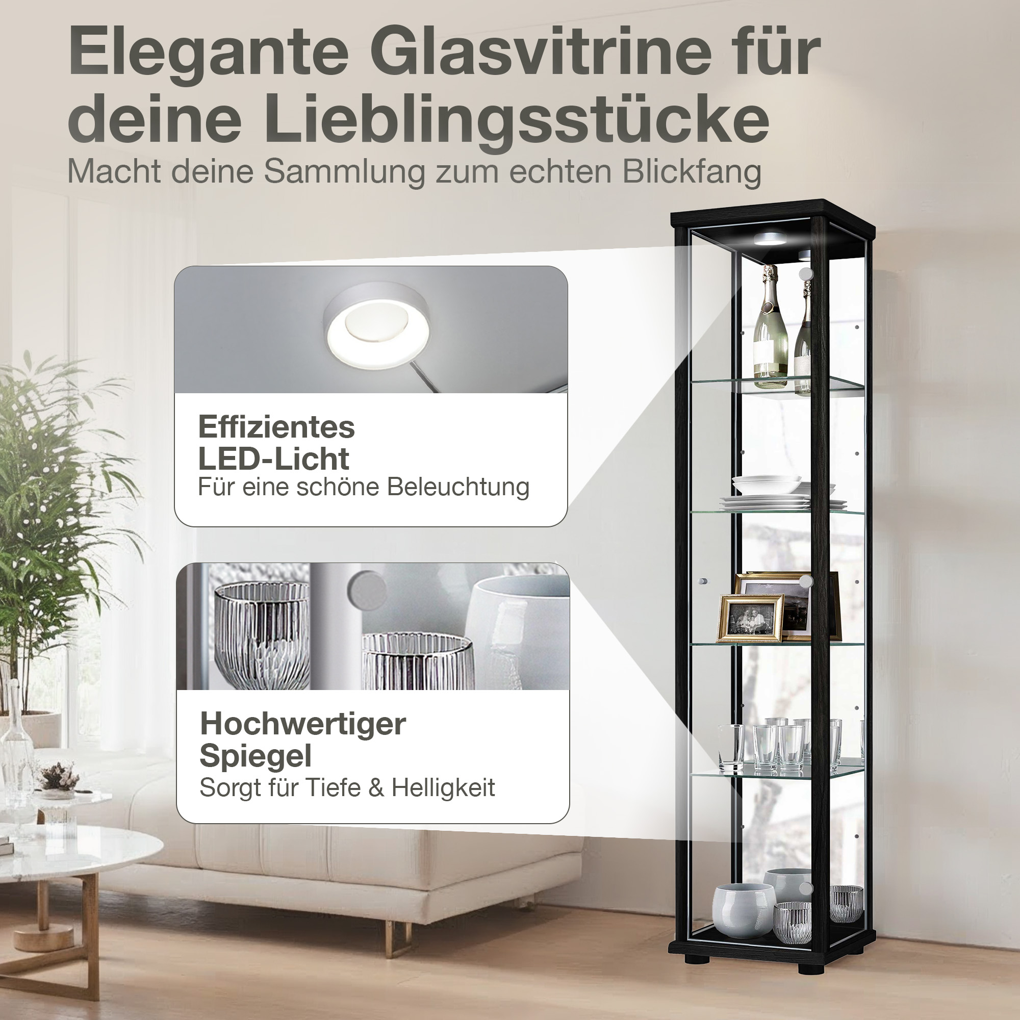Schwarze Glasvitrine mit LED-Licht und Spiegel, gefüllt mit Flaschen, Tellern, Bilderrahmen und Vasen.
