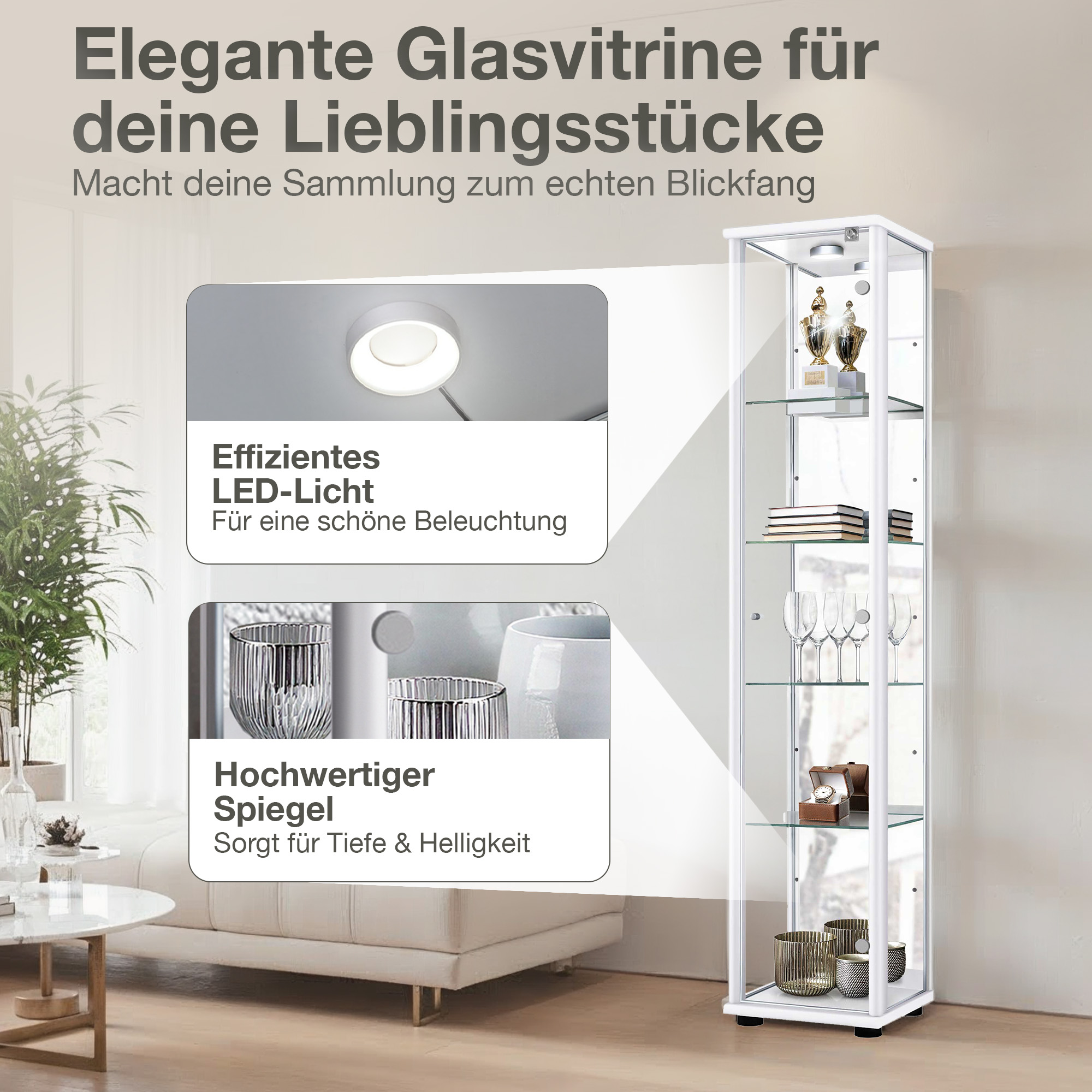 Weiße Glasvitrine mit Trophäen, Büchern und Gläsern, mit LED-Licht.