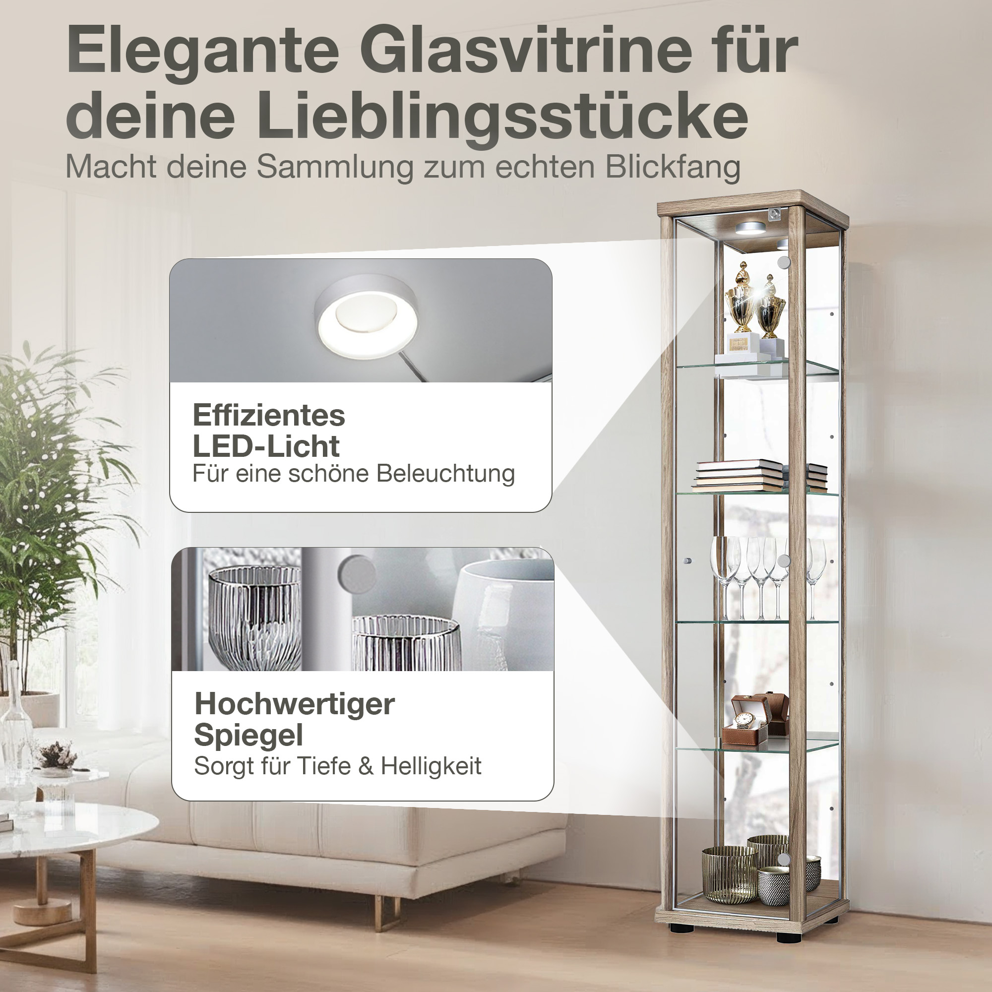 Eine elegante Glasvitrine mit LED-Beleuchtung und Spiegeln, gefüllt mit Pokalen, Büchern und Gläsern.