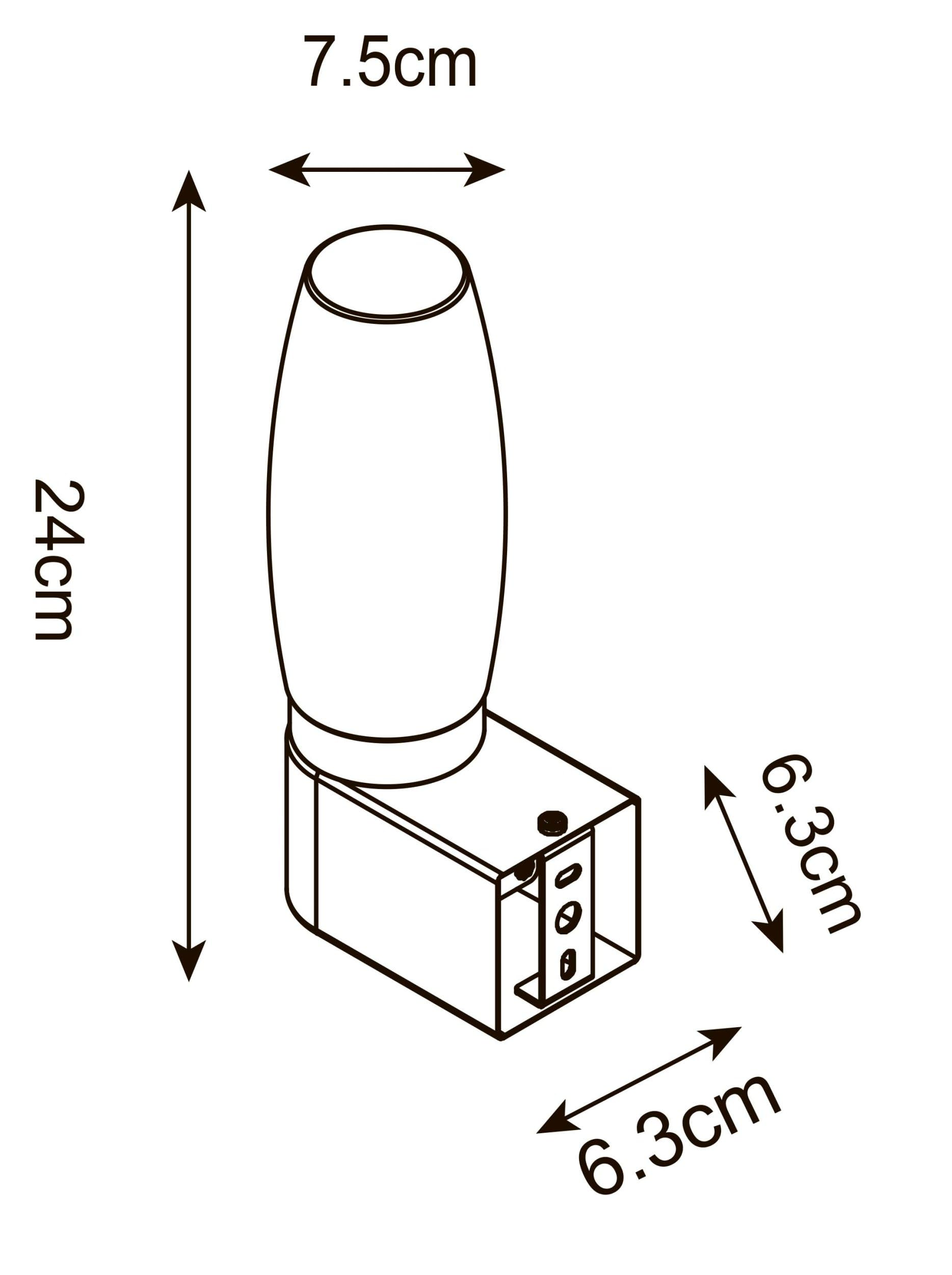 Technische Zeichnung einer Leuchte: Höhe 24cm, Breite 7,5cm, Tiefe 6,3cm.