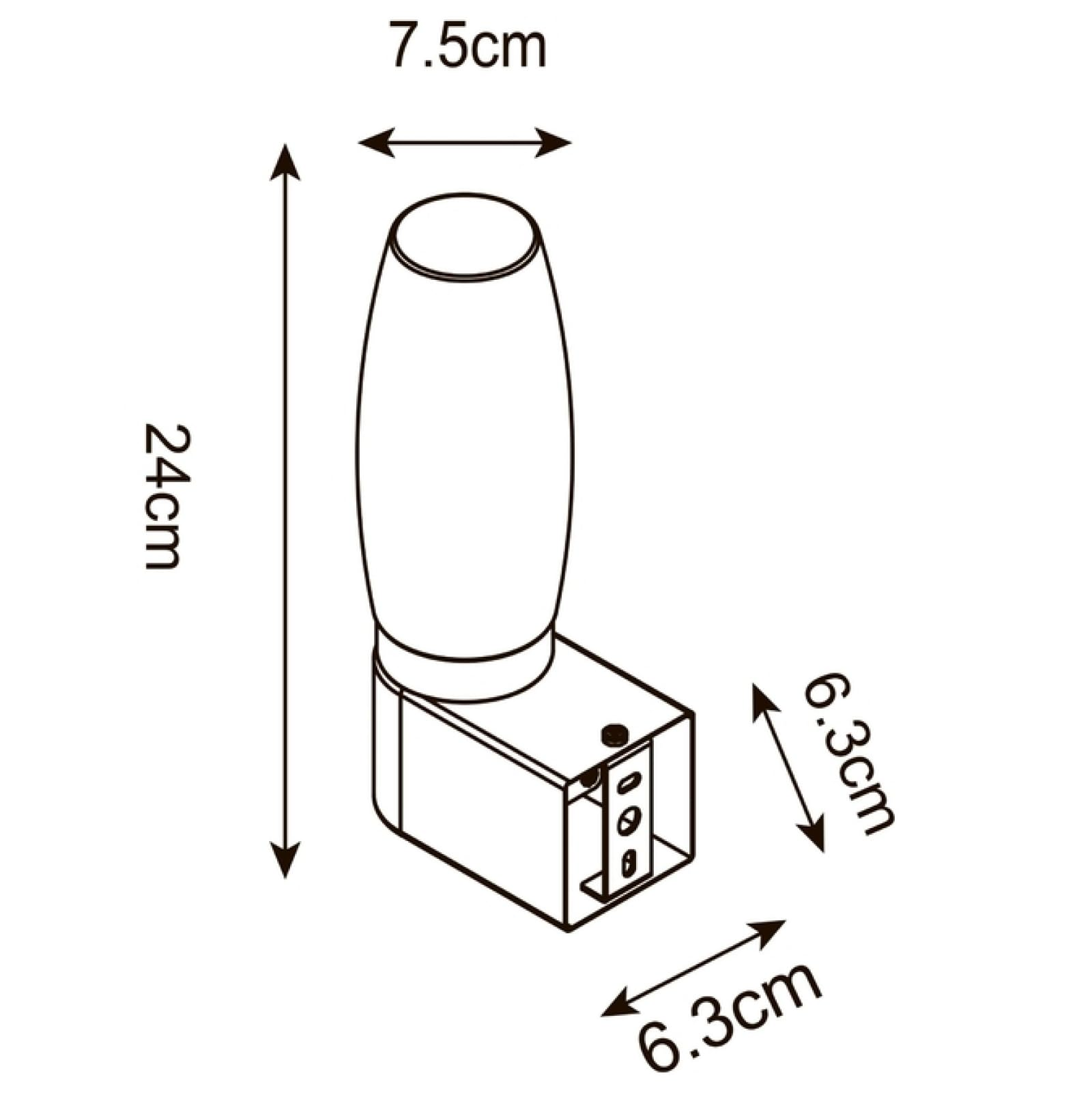 Technische Zeichnung: Leuchte mit Maßen 24cm Höhe, 7,5cm Breite, 6,3cm Tiefe.