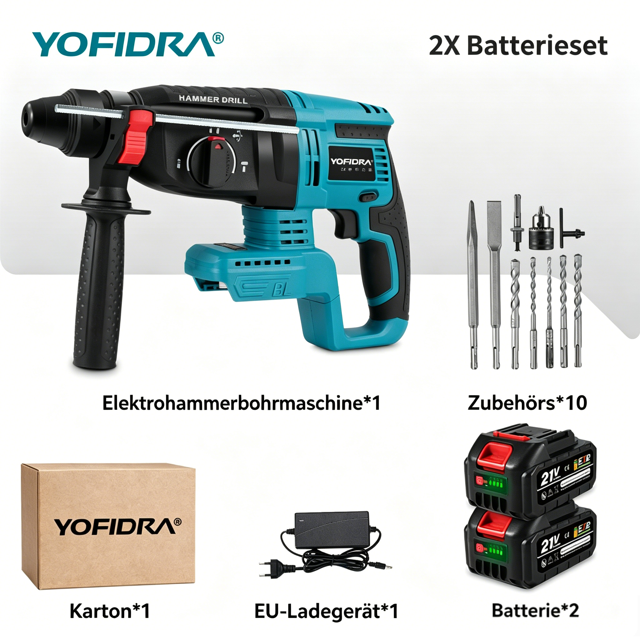 Ein blauer und schwarzer Bohrhammer mit Zubehör, Batterien, Ladegerät und Karton.