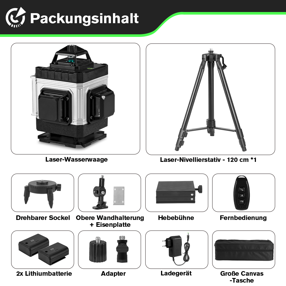 Verpackungsinhalt: Laser-Wasserwaage, Stativ, Wandhalterung, Fernbedienung.