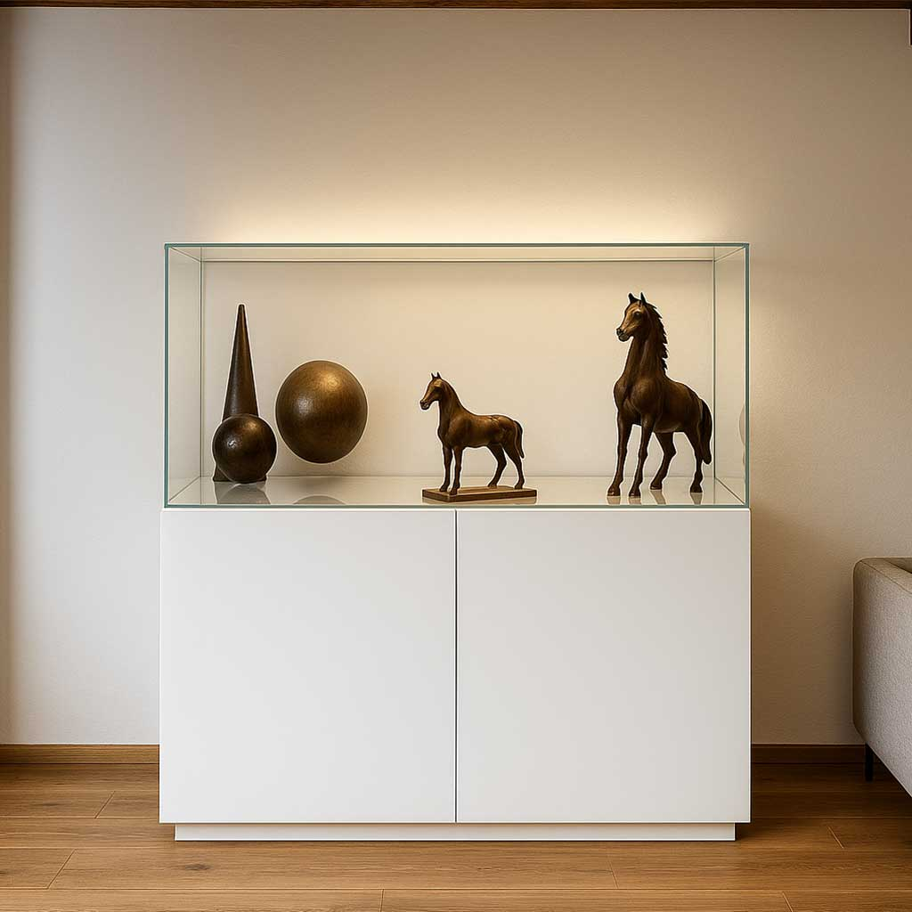 Zwei Pferdeskulpturen und konische Objekte in einer Glasvitrine auf einem weißen Schrank.