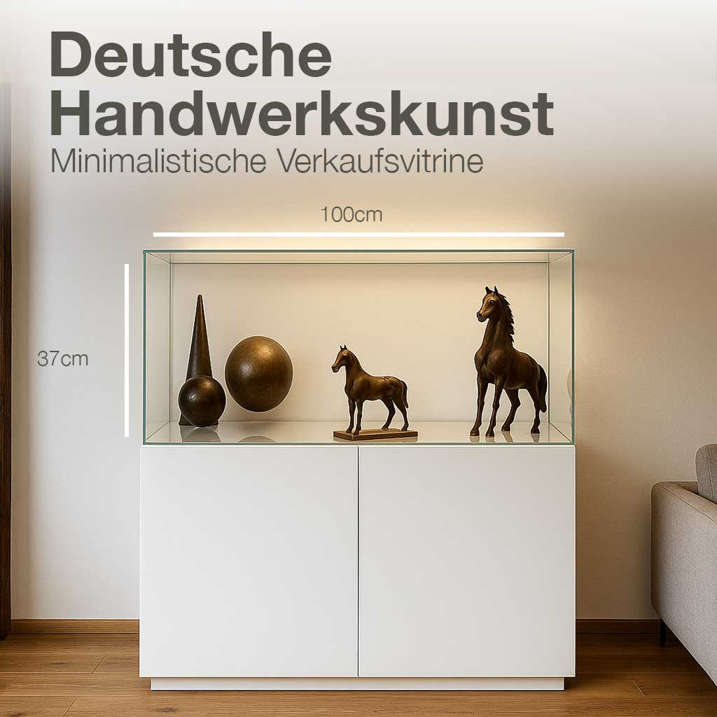 Weiße Vitrine mit Glasaufsatz, beleuchtet, mit Pferde- und Kugel-Skulpturen.