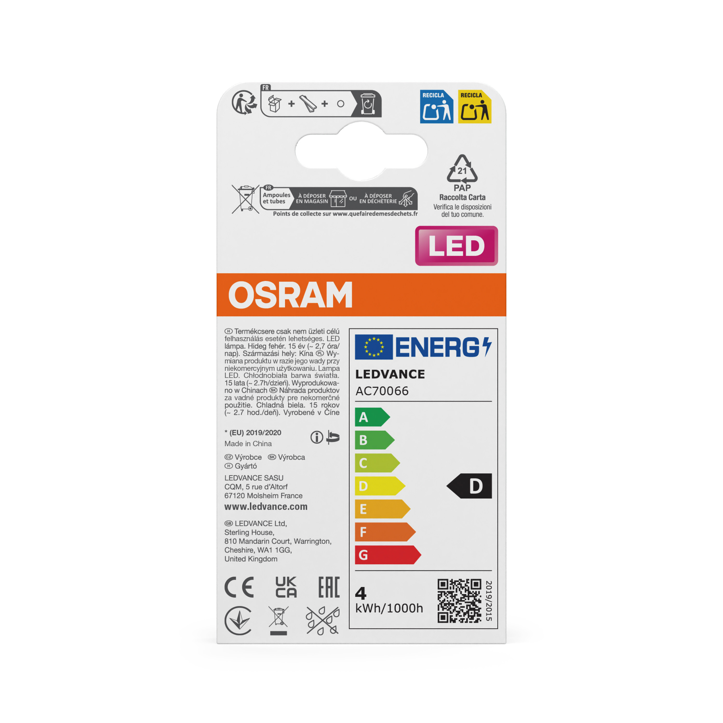 OSRAM LED-Lampe mit Energieeffizienzklasse G. Enthält Details zur Herstellung und Entsorgung.