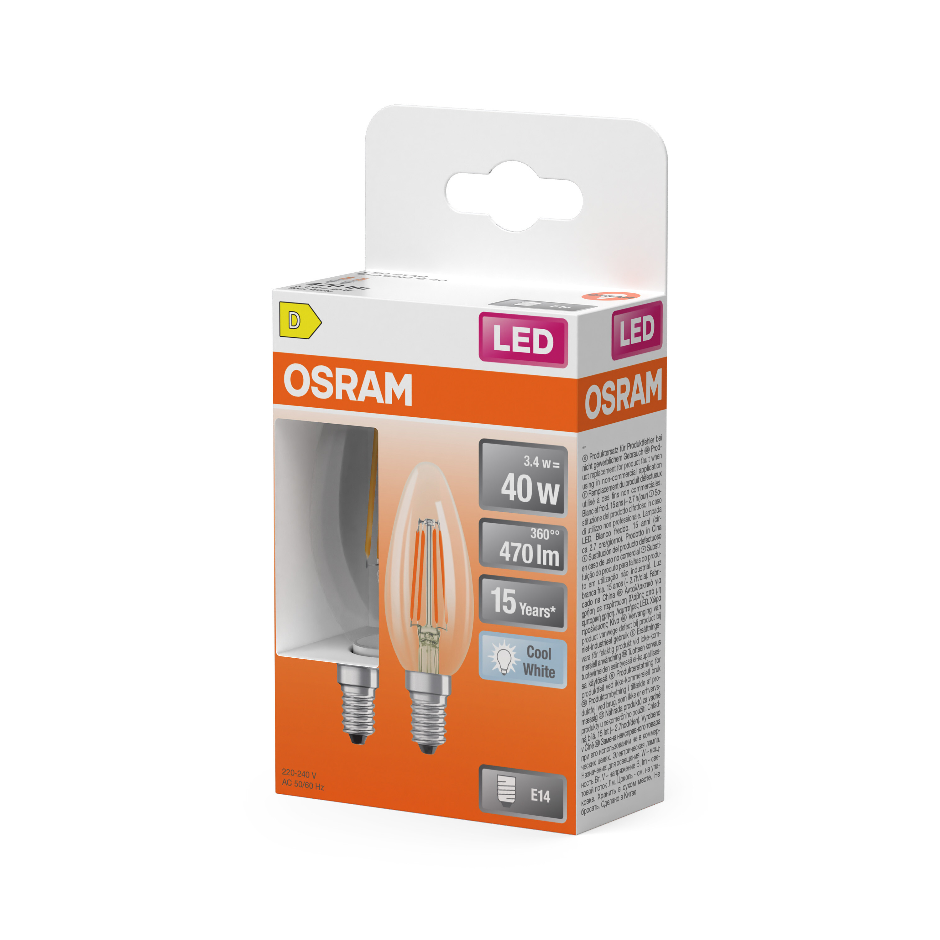 Osram LED-Lampe E14, 470 lm, 3,4W, Cool White, Energieeffizienzklasse D.