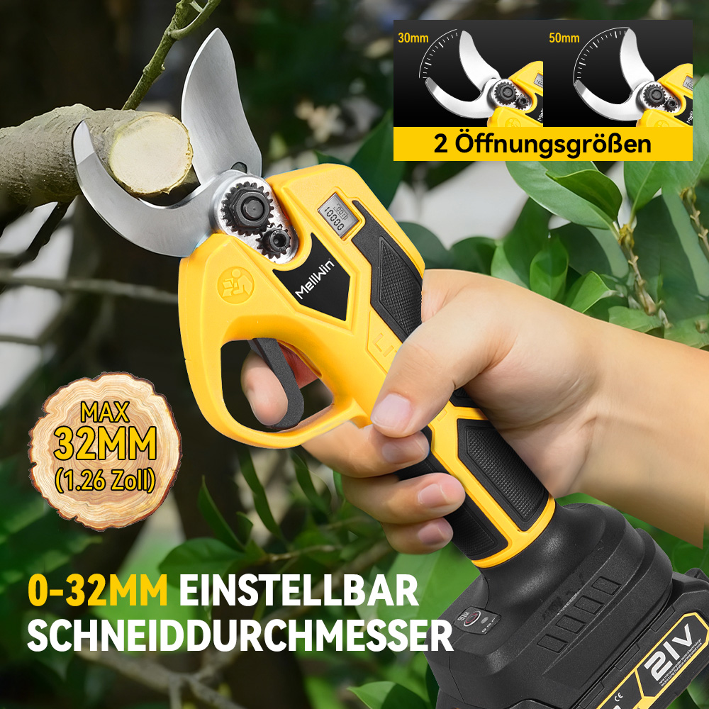 Gelbe Gartenschere mit schwarzem Griff schneidet Ast. Info über 32mm Schnitt.
