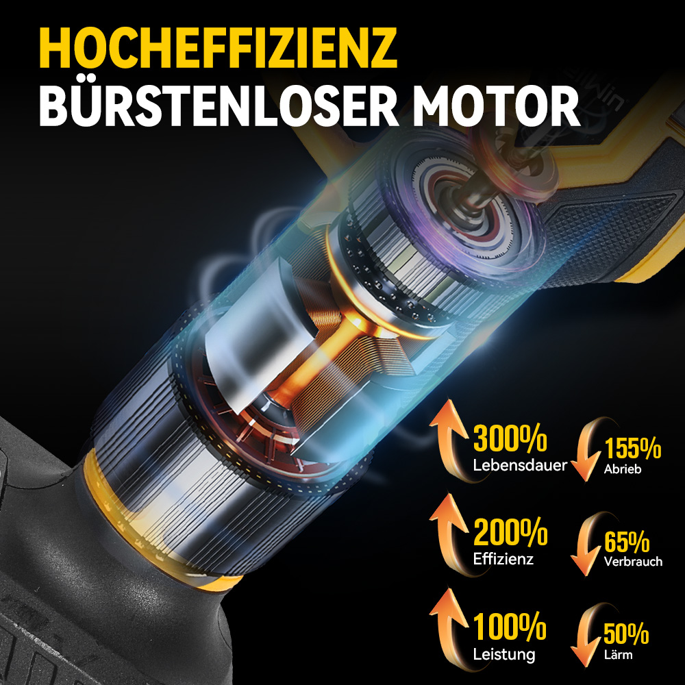 Nahaufnahme eines bürstenlosen Motors mit orangefarbenen Akzenten, der Effizienz und Leistung hervorhebt.