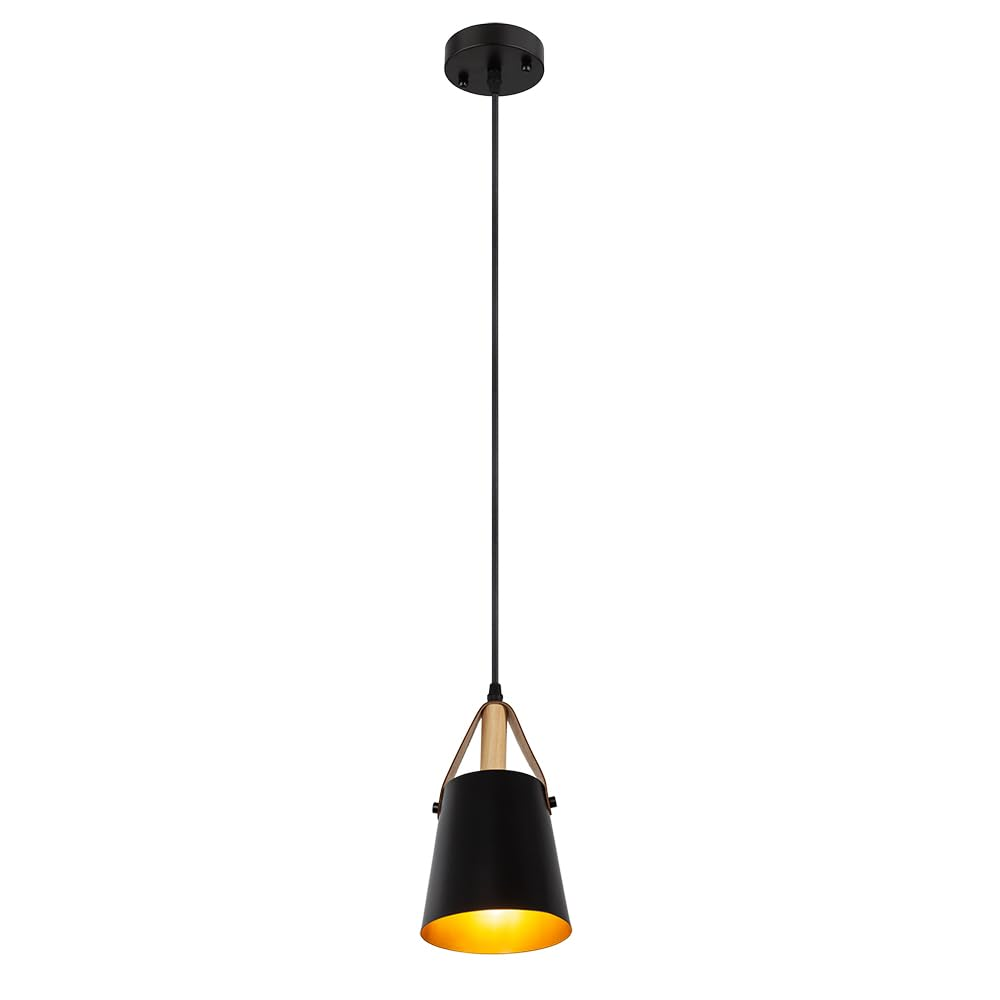 Schwarze Pendelleuchte mit Holzdetails und goldenem Inneren.