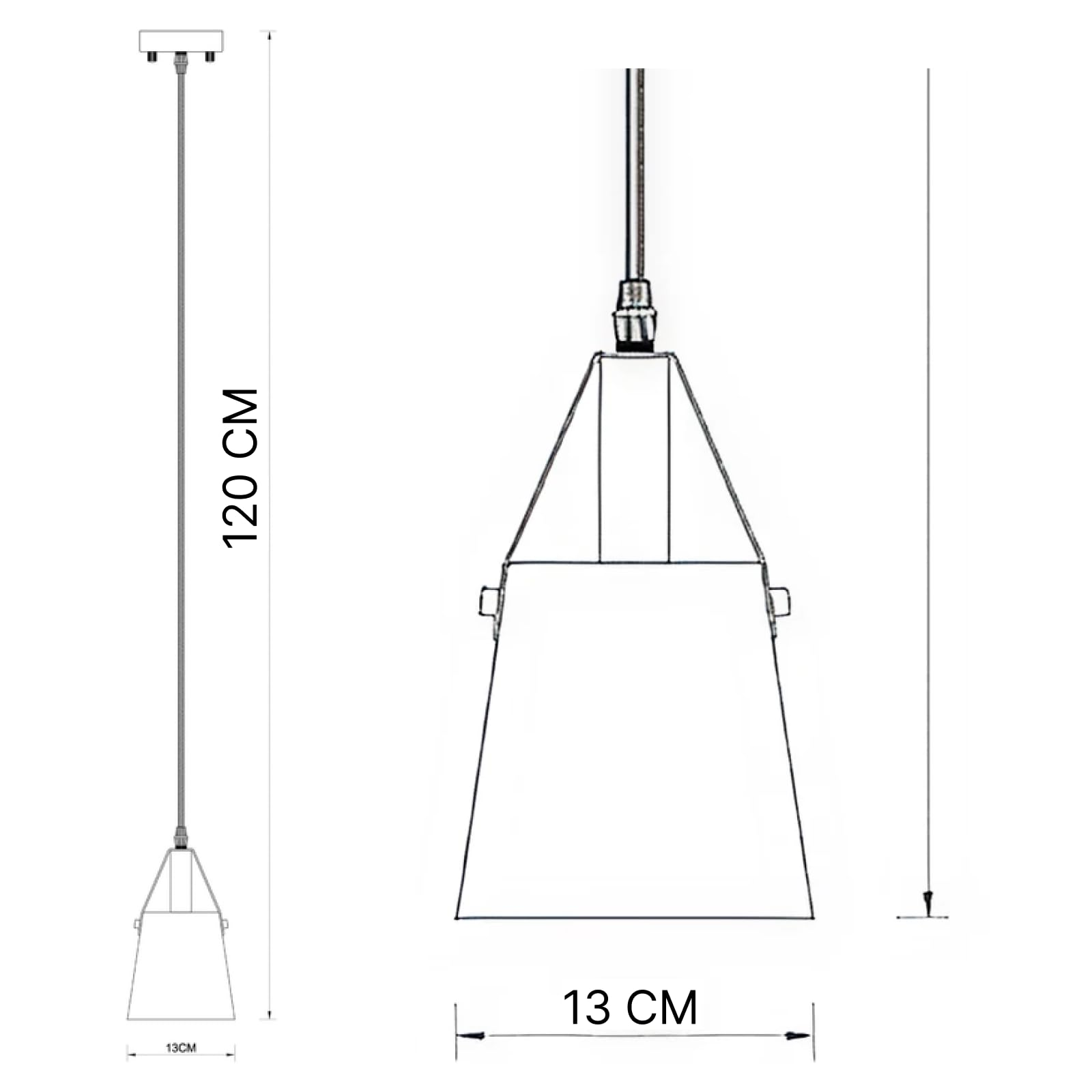 Skizze einer Pendelleuchte mit Maßen: 120 cm Höhe, 13 cm Breite.