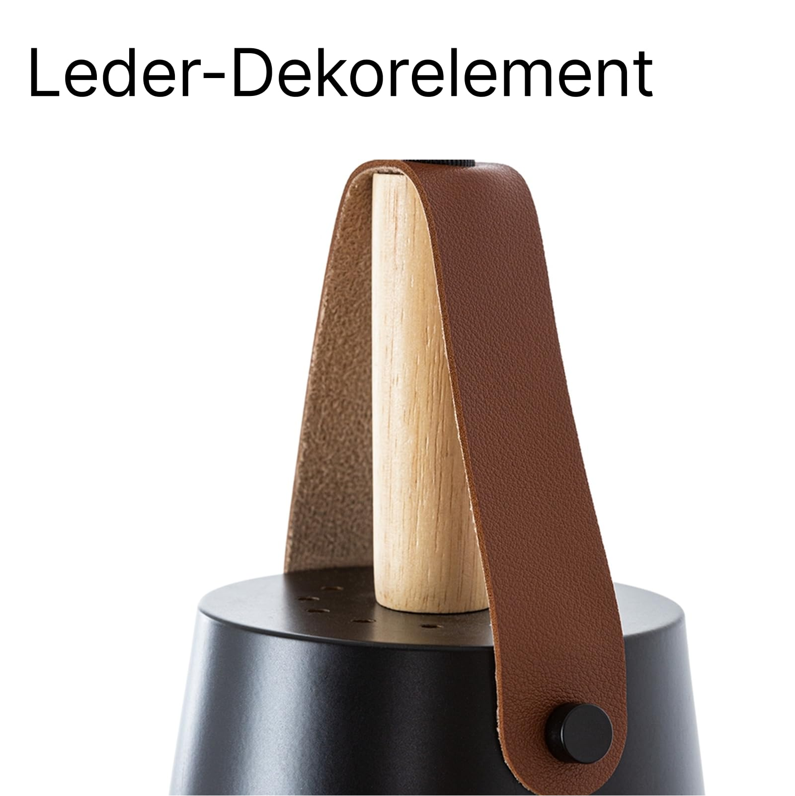 Schwarze Lampe mit Holzgriff und braunem Lederriemen.