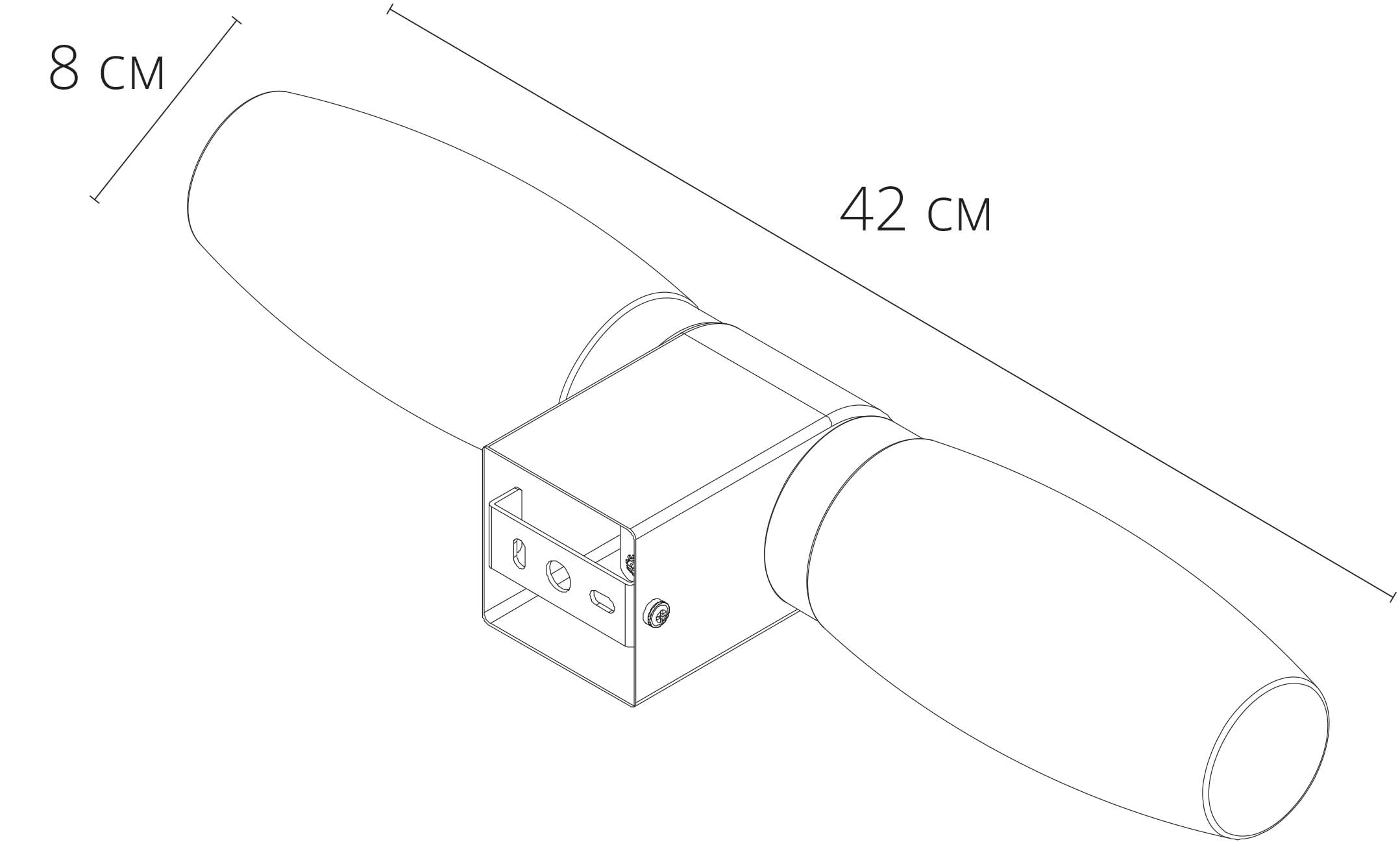 Eine lineare Zeichnung eines Wandleuchters mit zwei Lampen, 42 cm lang und 8 cm breit.