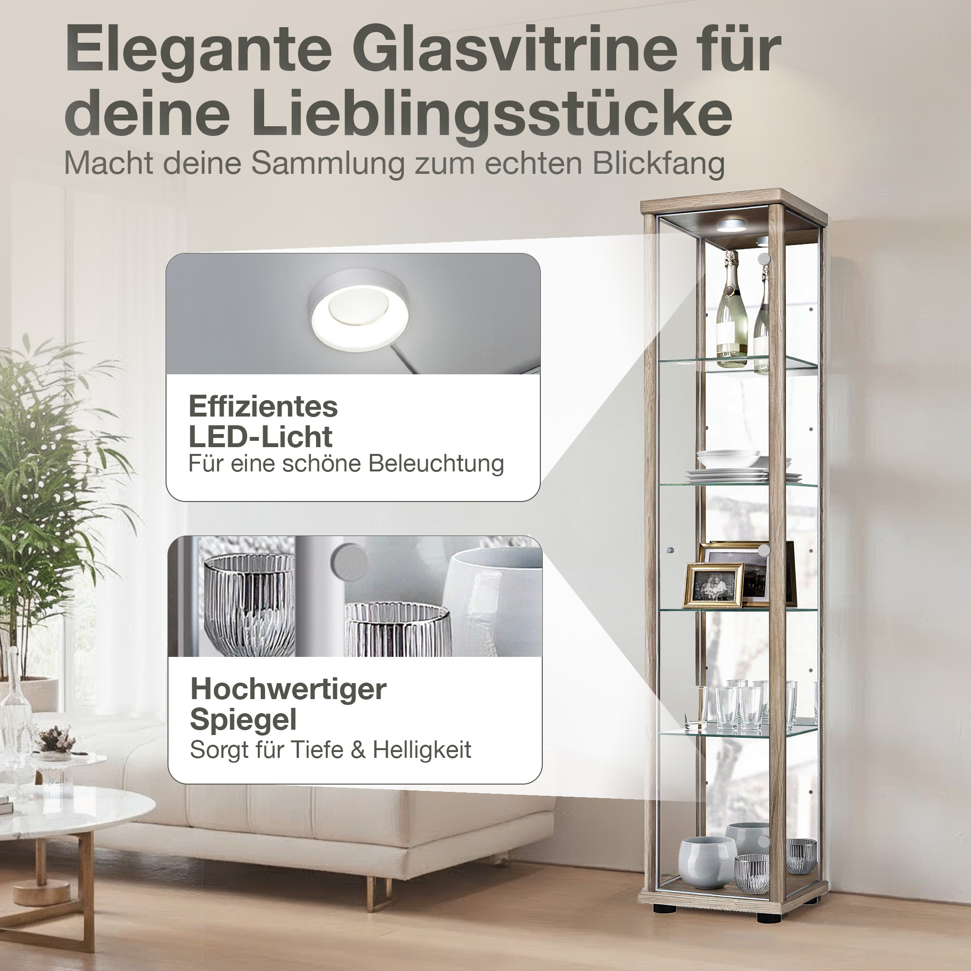 Holzglasvitrine mit LED-Licht und Spiegeln, gefüllt mit Flaschen, Bildern und Vasen.
