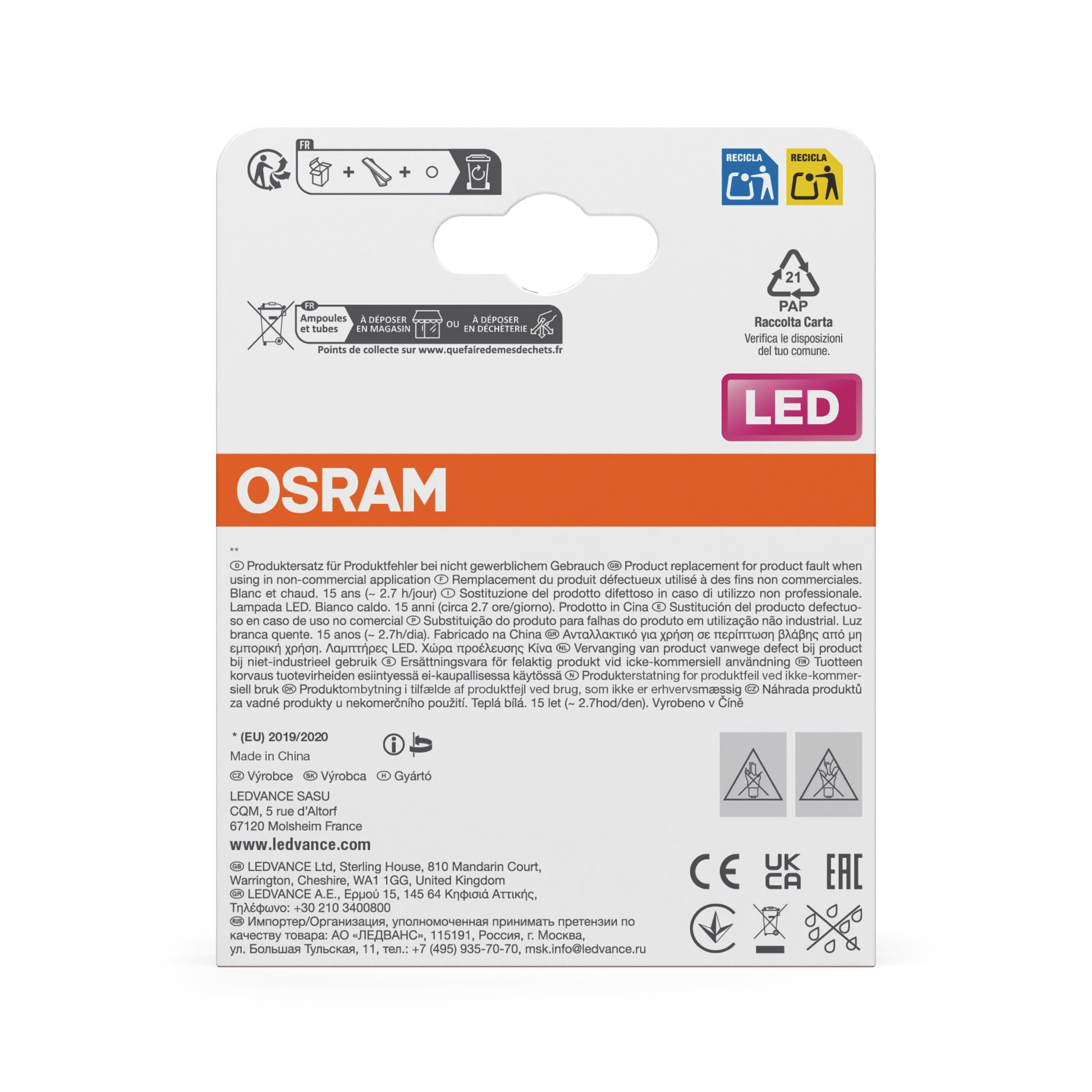 OSRAM LED-Verpackung mit Entsorgungssymbolen und Produktinformationen.
