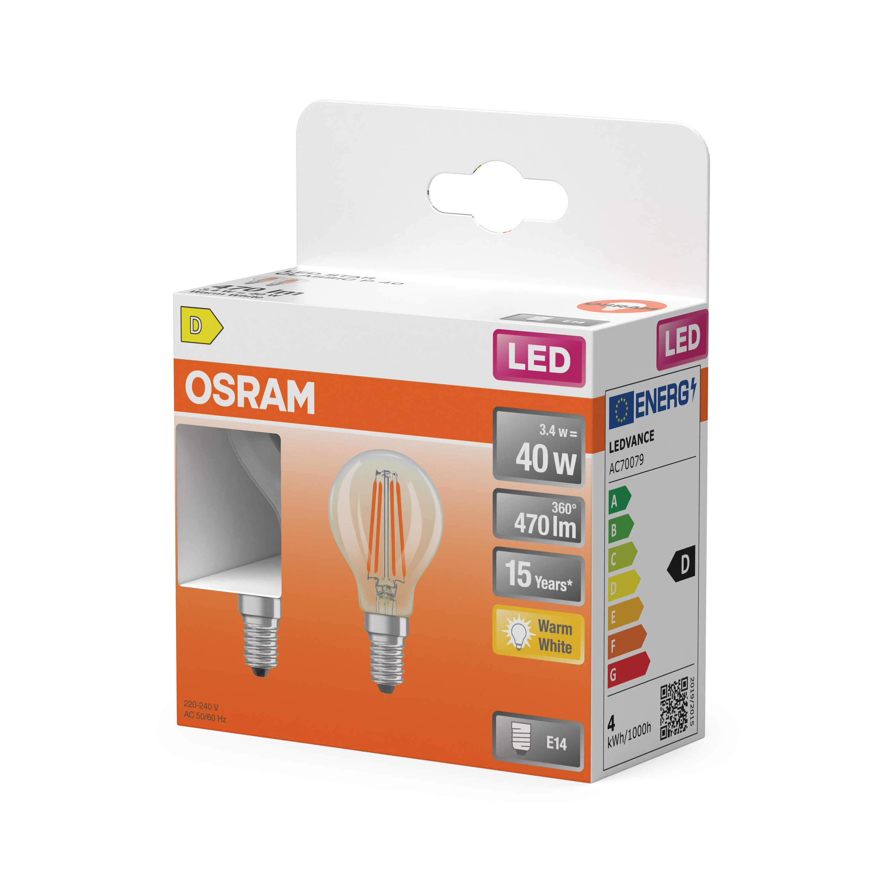 Osram LED-Lampe im Karton, Energieeffizienzklasse D, Sockel E14, warmweiß.