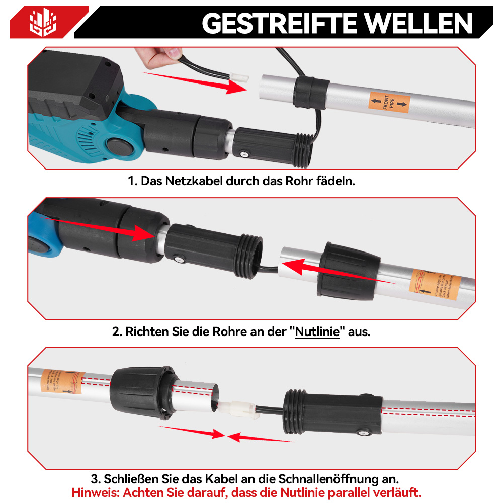 Anleitung zum Zusammenbau eines Geräts mit Rohren und Kabeln.