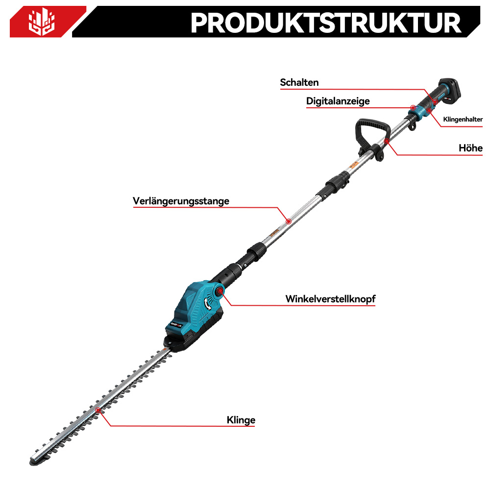 Ein teal- und schwarzfarbener Stangenheckenschneider mit ausziehbarem Stiel, Digitalanzeige und Klinge.