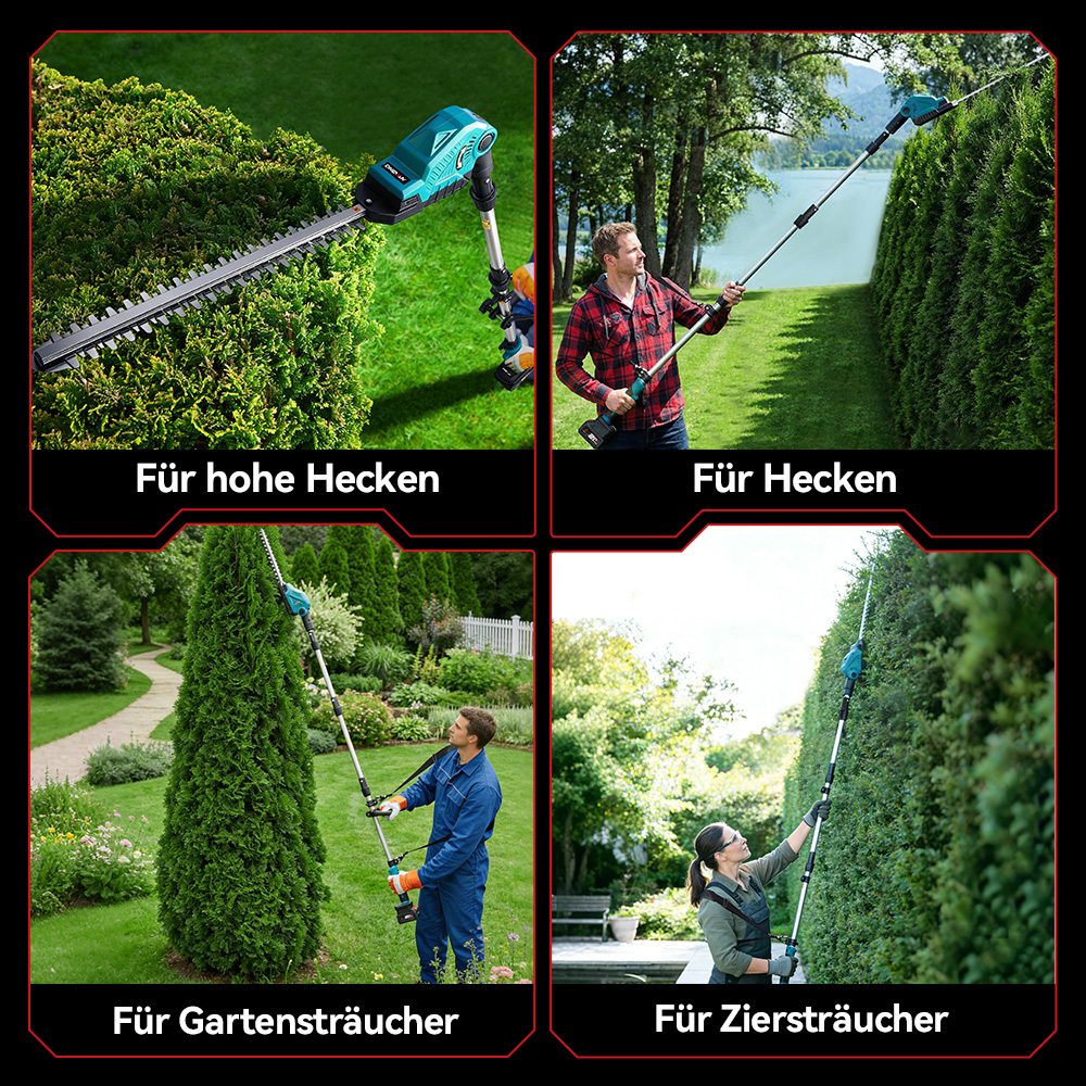 Vier Bilder zeigen Heckenscheren bei der Arbeit in verschiedenen Gartensituationen.