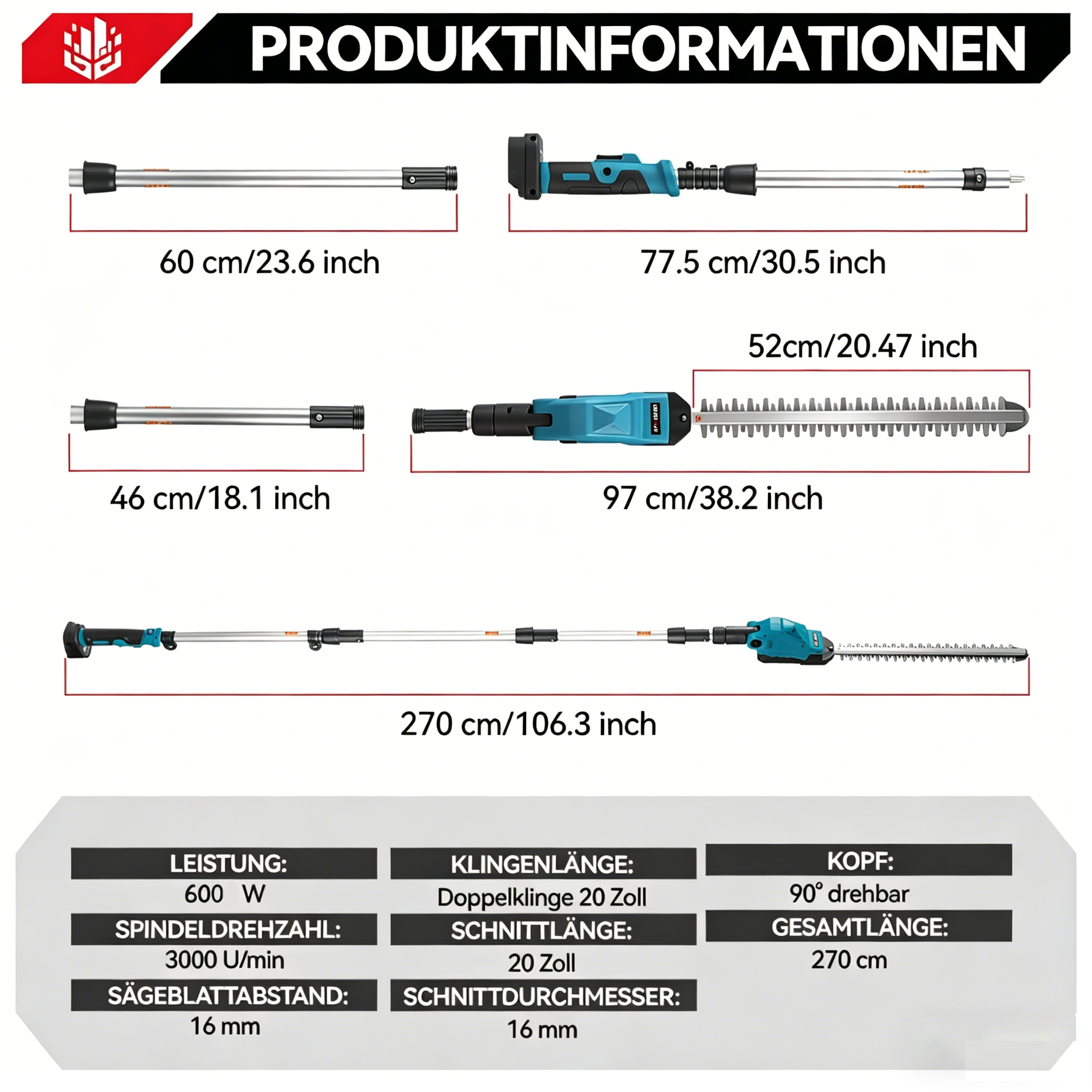Produktinformationen: Werkzeuge in verschiedenen Längen und ein Sicherheitshinweis.