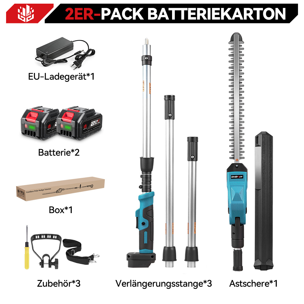 Ladegerät, zwei Akkus, Box, Zubehör, Verlängerungsstangen und Astschere.