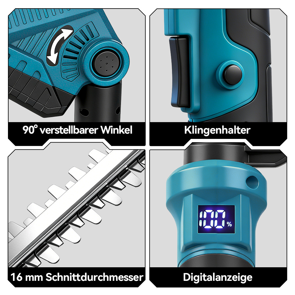 Vier Detailansichten eines blauen und schwarzen Gartengeräts: Winkel, Klingenhalter, Messer und digitale Anzeige.