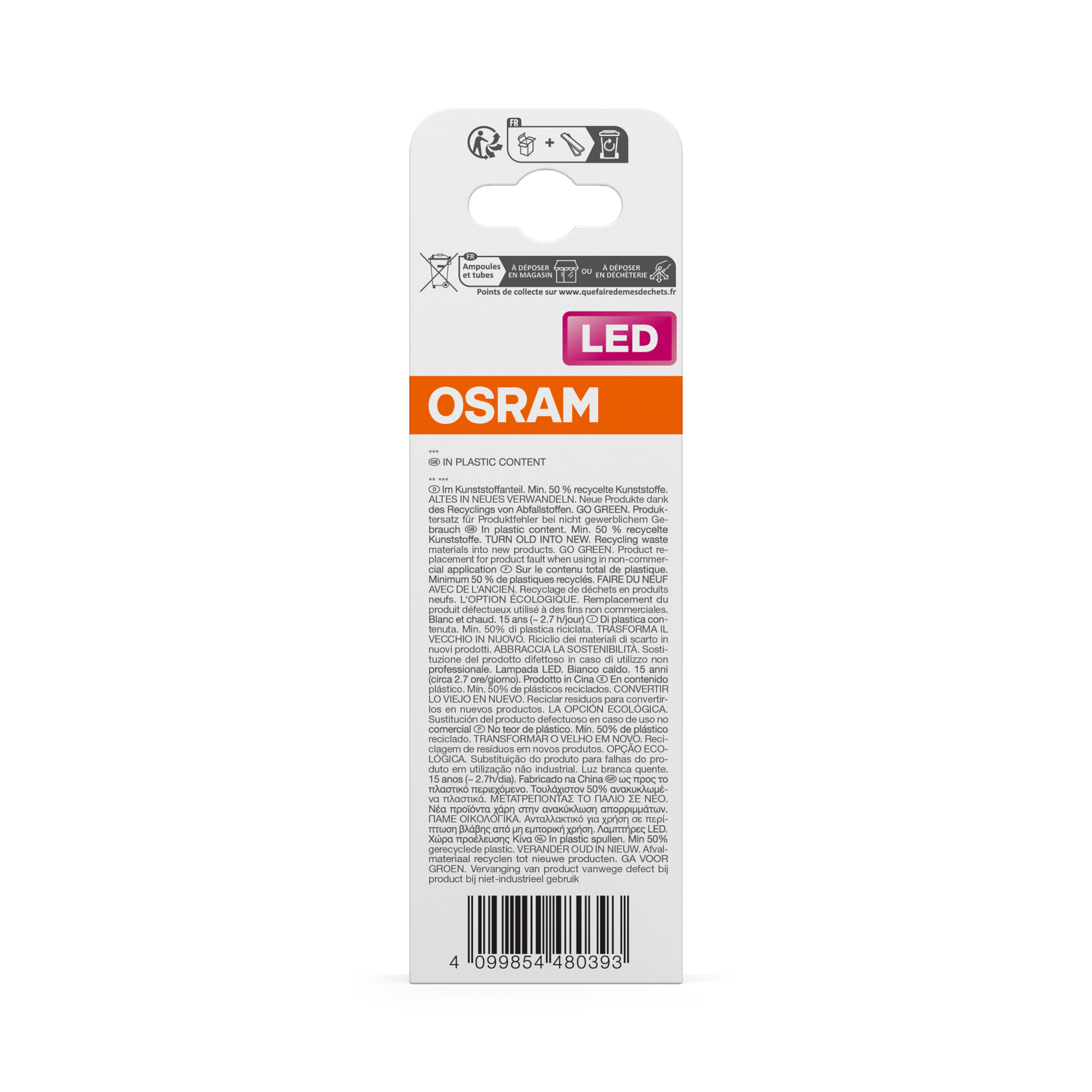 OSRAM LED-Verpackung mit Recycling-Symbolen und Produktinformationen.