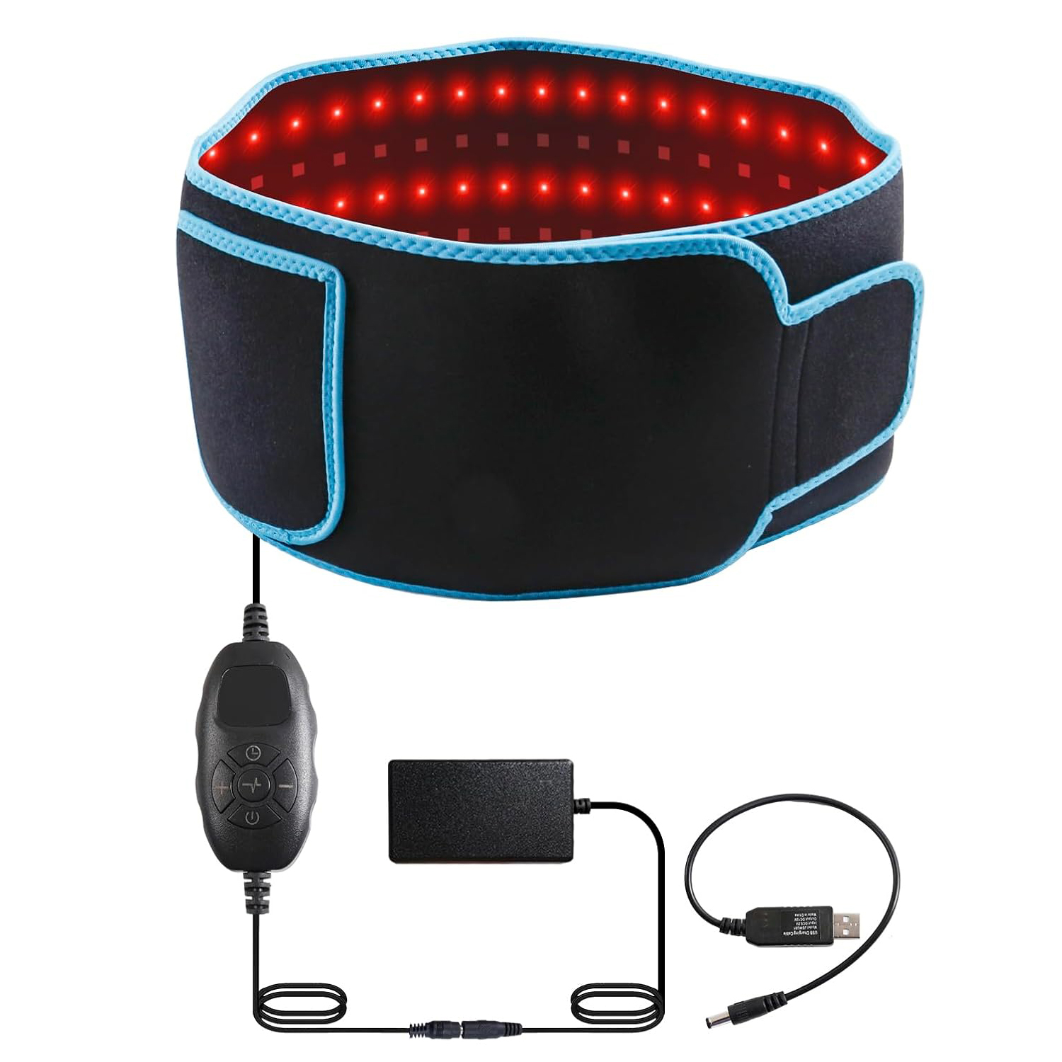 Schwarzer Gürtel mit blauen Kanten, roten LEDs, Fernbedienung und Netzteil.