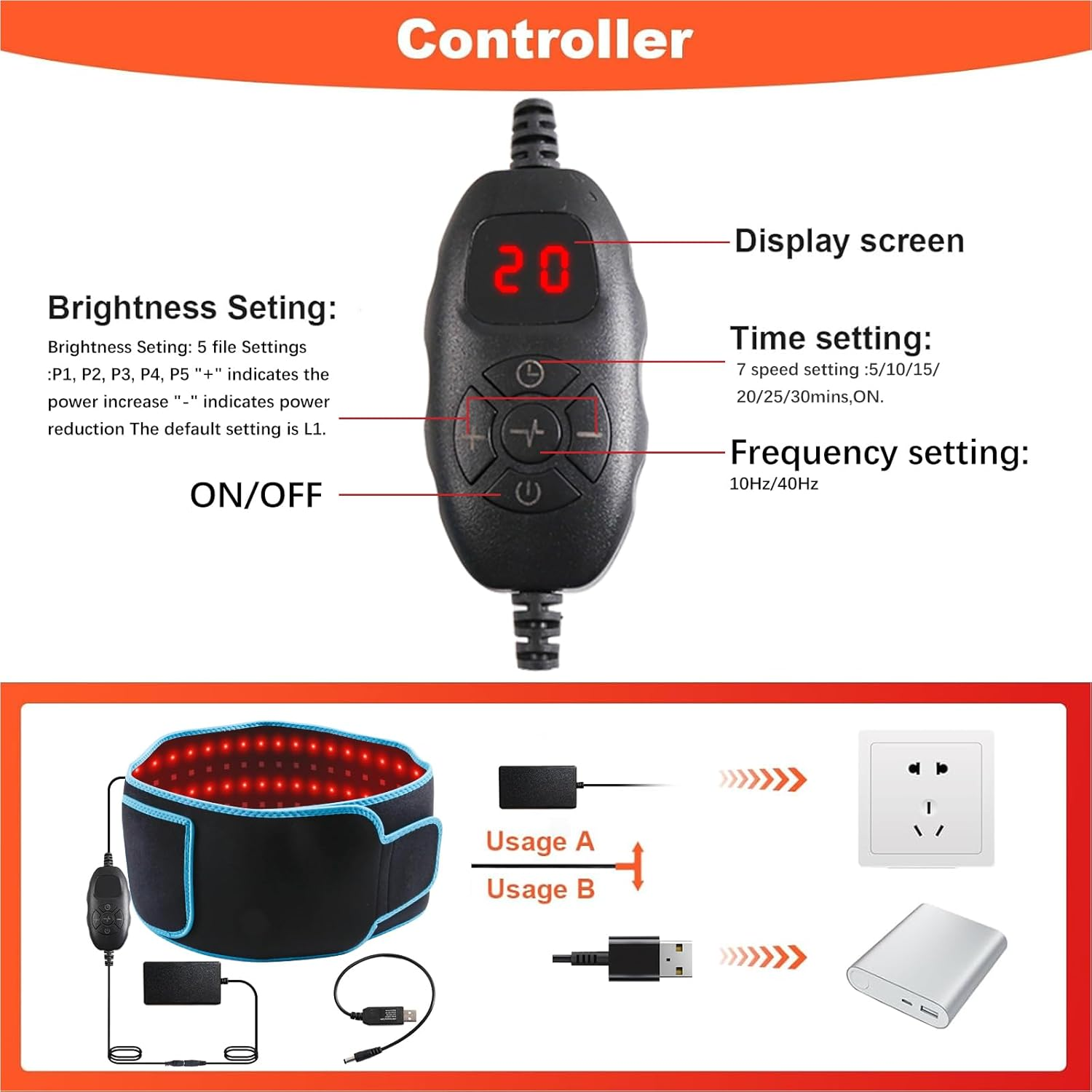 Ein Controller mit rotem Display, Gürtel, Kabeln, Netzstecker und Powerbank.