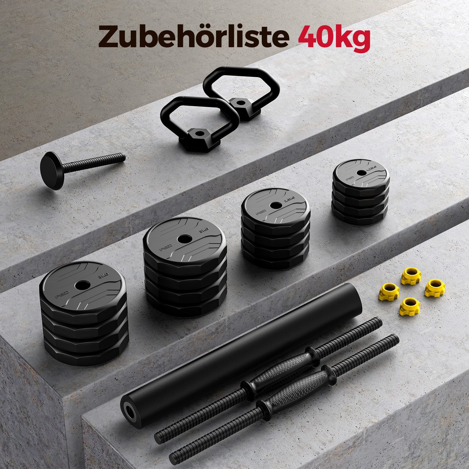 Gewichtssets mit Hantelstangen und Gewichten auf Betonoberfläche.
