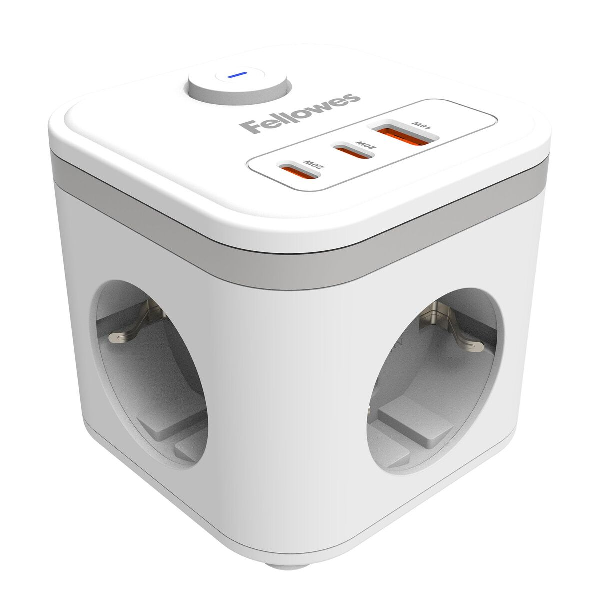 Ein weißer Würfel-Adapter mit drei Steckdosen und drei USB-Anschlüssen.