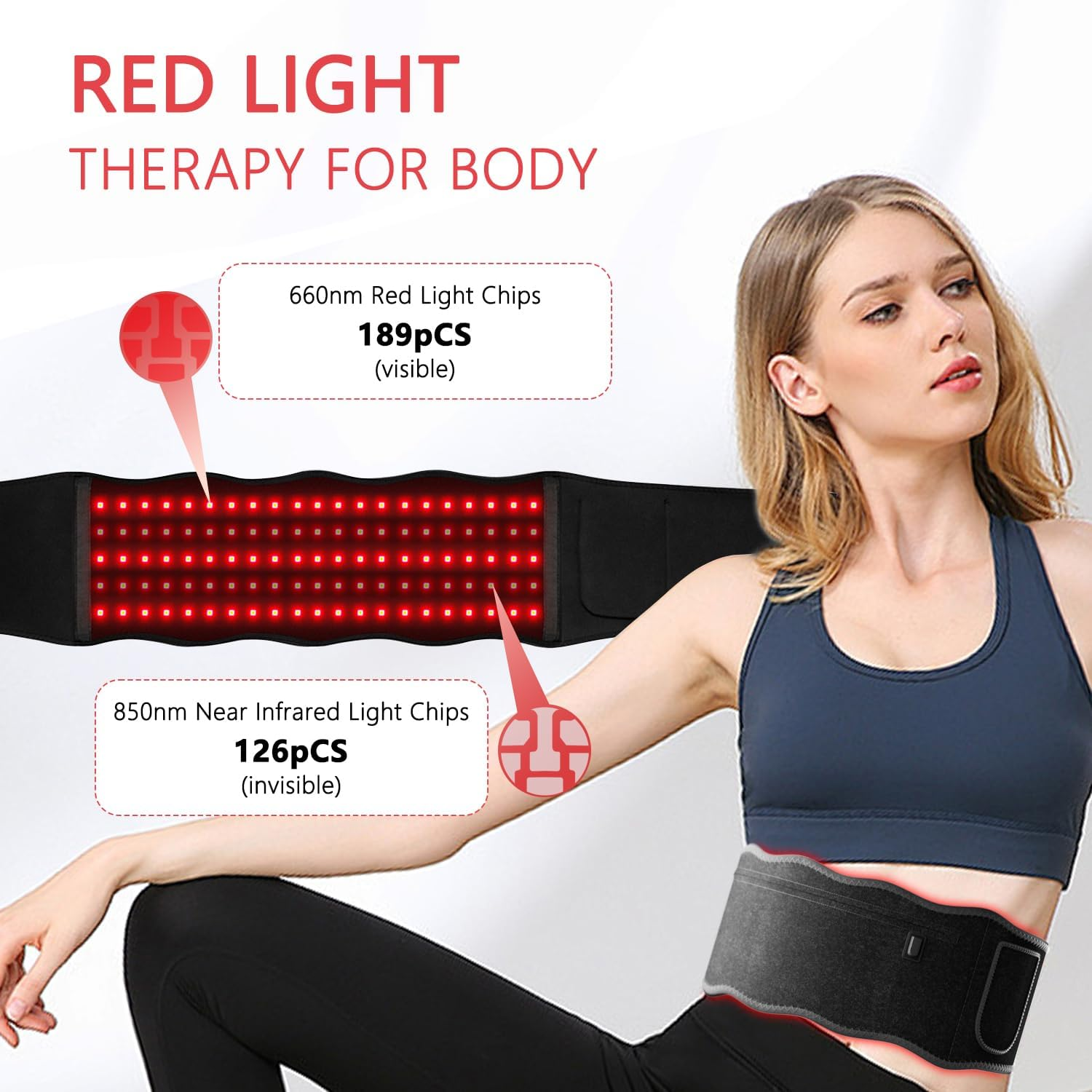 Rotlicht-Therapiegürtel mit 189 sichtbaren 660nm-Chips und 126 unsichtbaren 850nm-Chips.