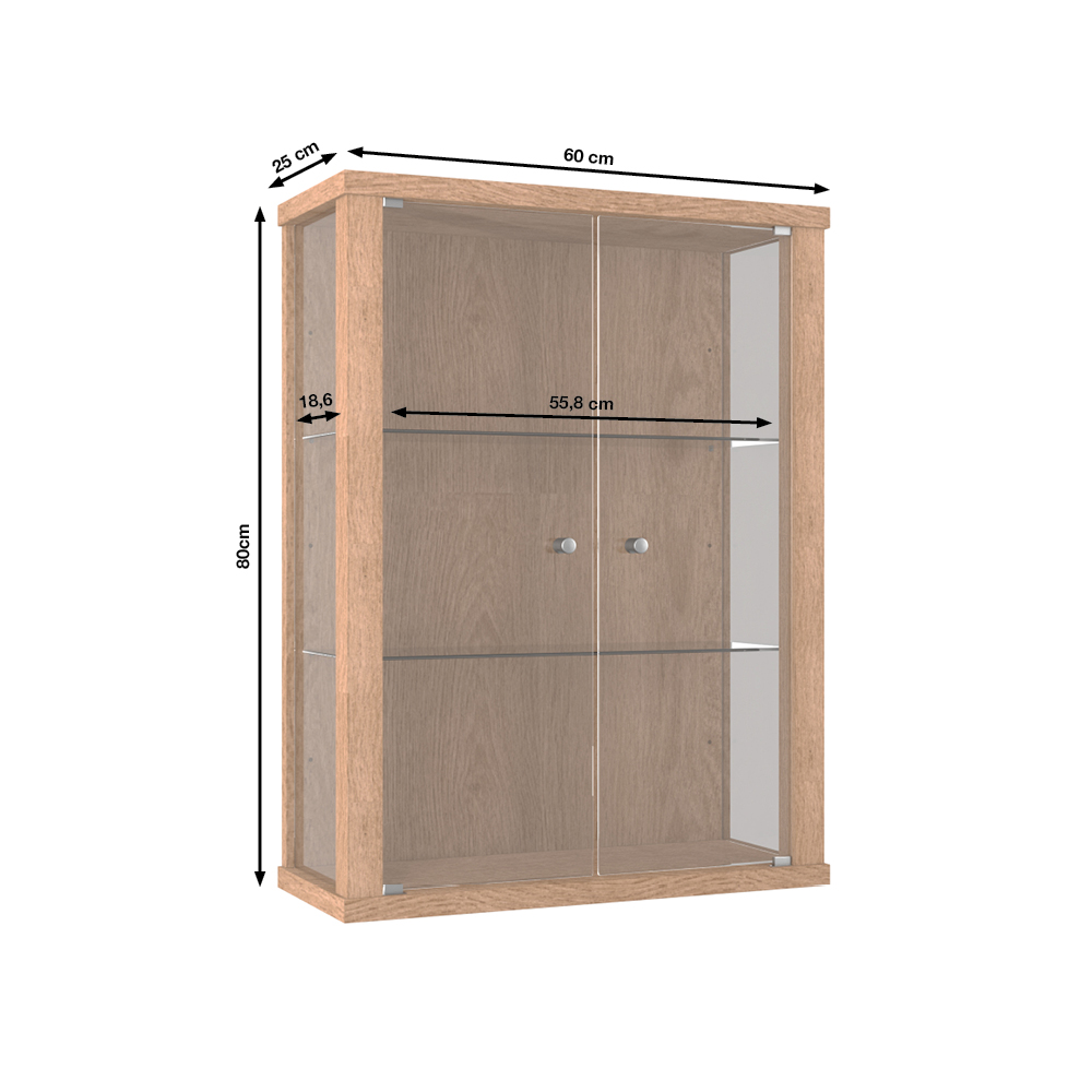 Ein hölzerner Vitrinenschrank mit Glastüren und Maßen.