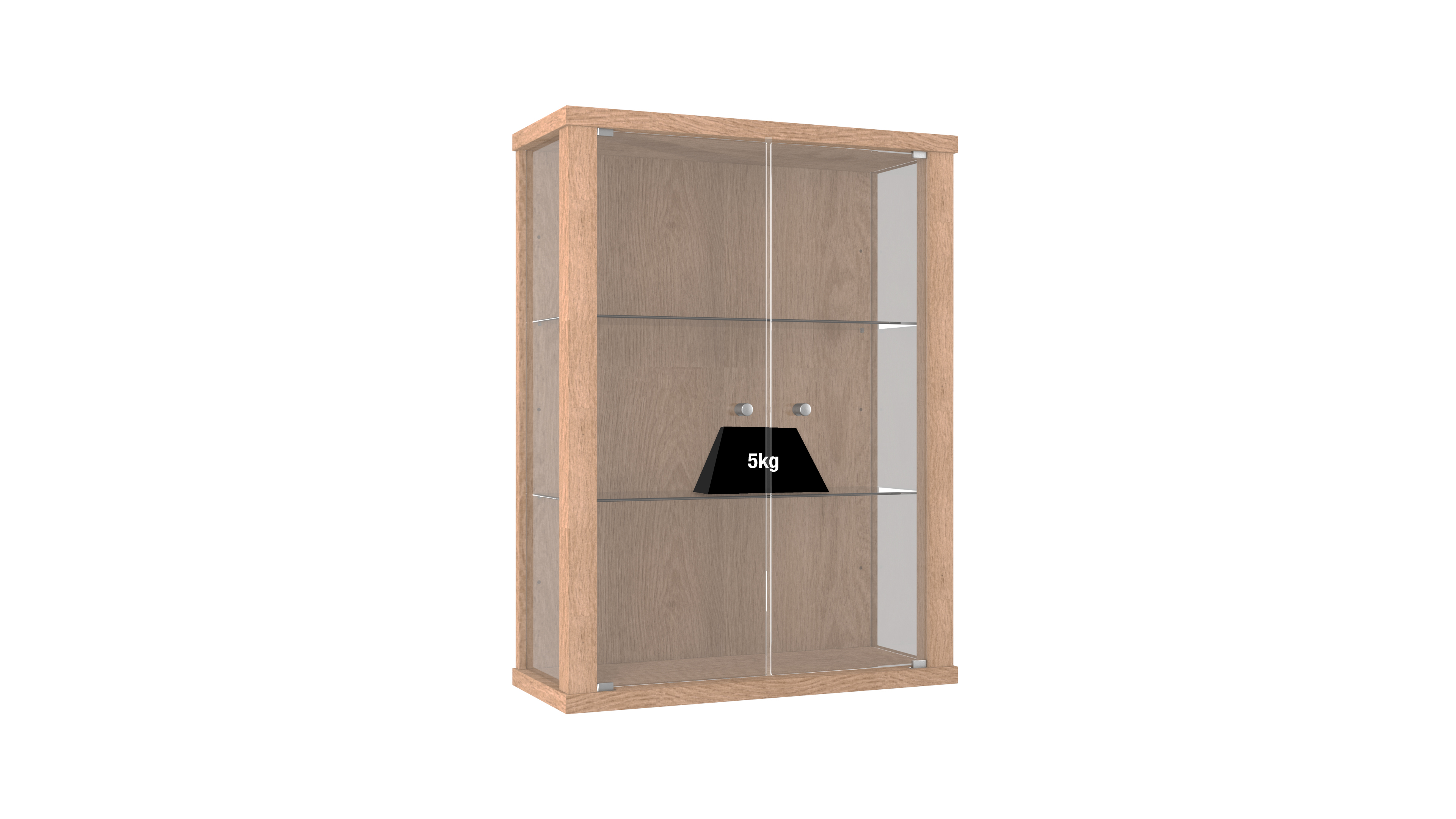 Eine hölzerne Vitrine mit Glasfront und 5kg Gewicht auf der mittleren Ablage.