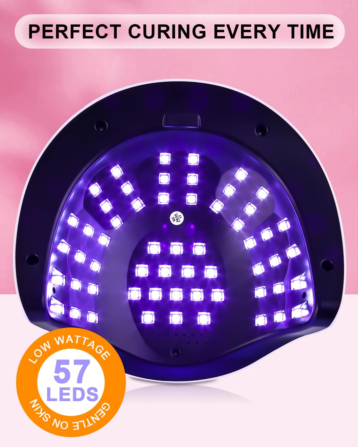 Eine weiße UV-Nagellampe mit 57 LEDs, die lila Licht abgeben.