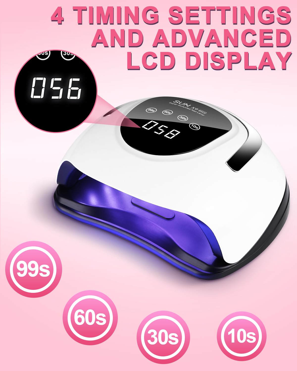 Weiße UV-Nagellampe mit blauem Sockel und LCD-Display, zeigt 056 und 058 Sekunden an.