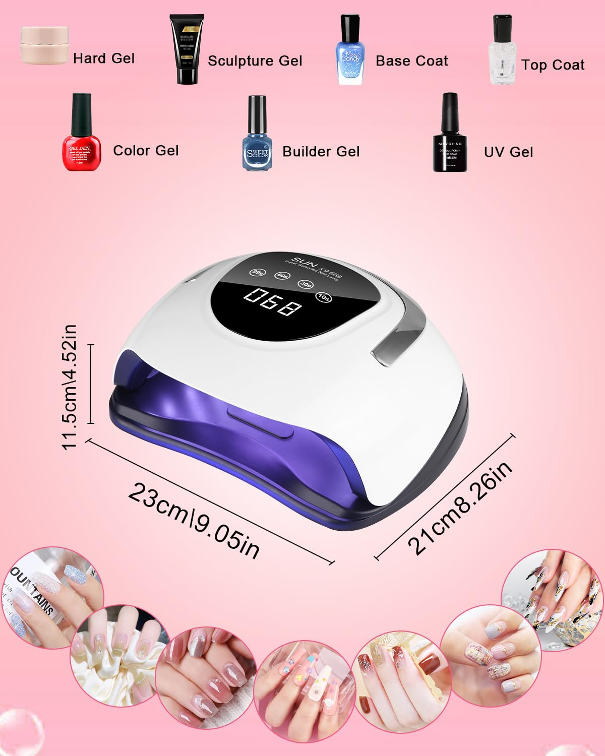 Nagellampen-Set mit verschiedenen Gelen, UV-Lampe und Nageldesign-Beispielen.