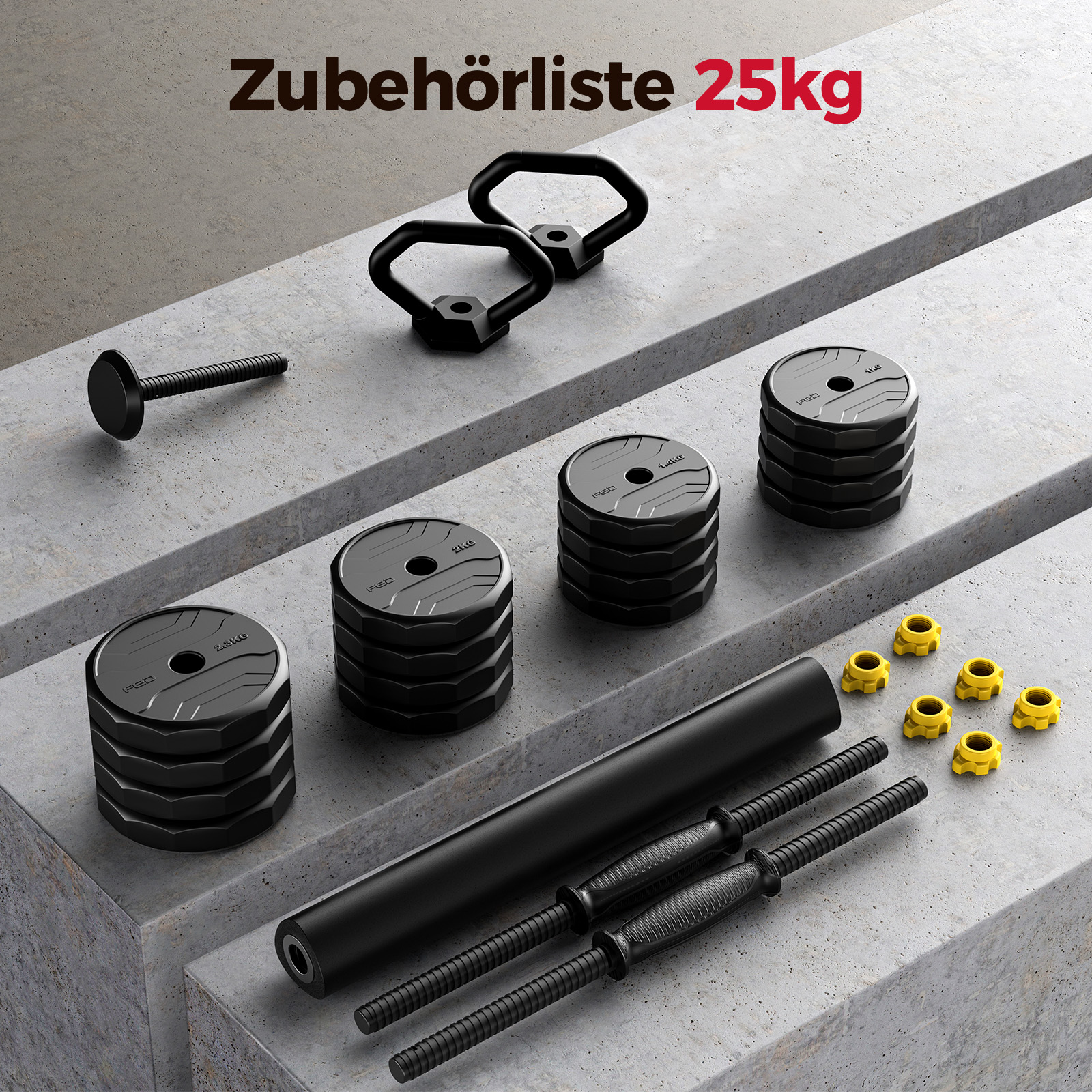 Schwarzes Gewichtset mit Scheiben, Hanteln, Stange und gelben Kragen auf Beton.