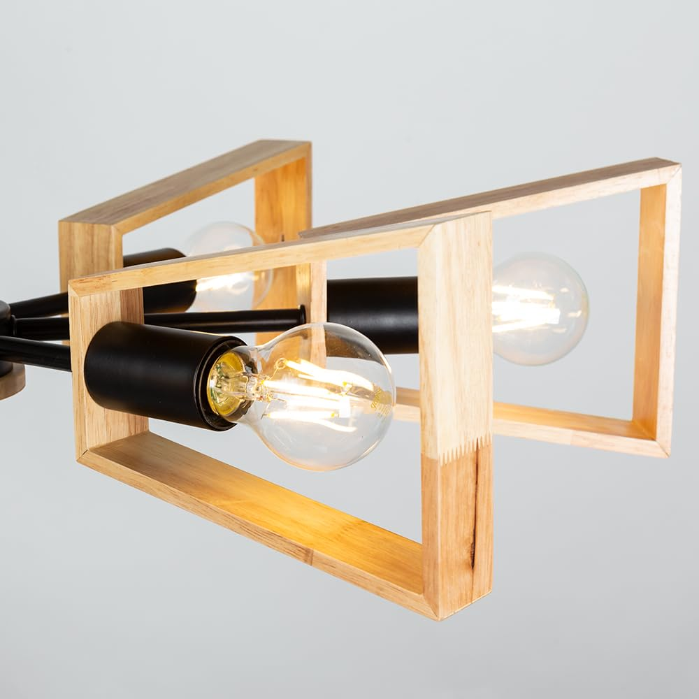 Ein moderner Kronleuchter mit klaren Edison-Glühbirnen und geometrischen Holzrahmen.