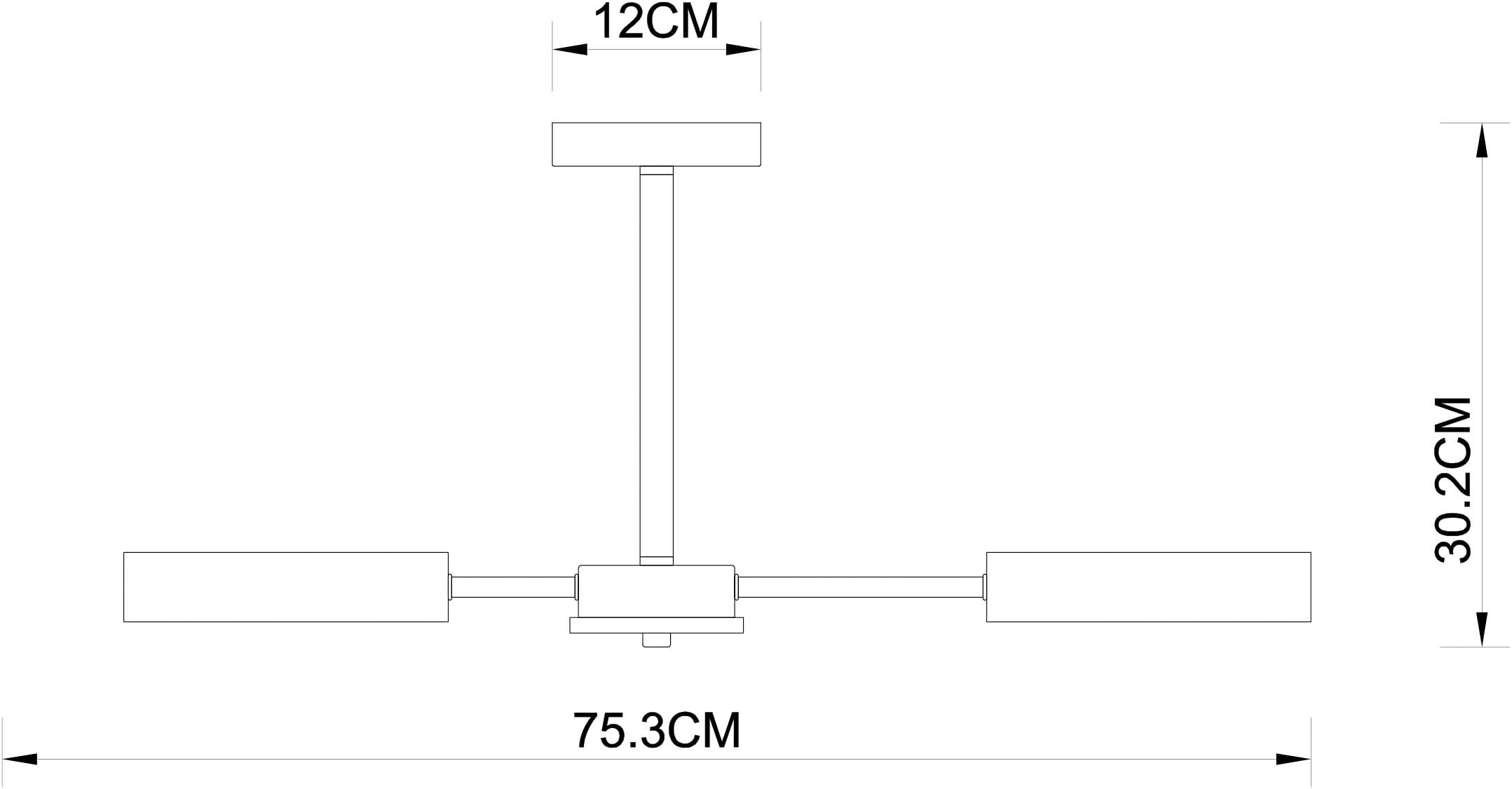 Technische Zeichnung einer Lampe mit Maßen: 12cm Breite, 30,2cm Höhe, 75,3cm L.