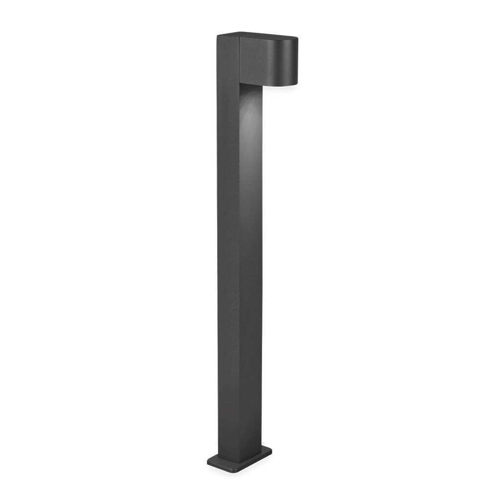 Ein dunkler, rechteckiger Poller mit einem gebogenen oberen Licht.