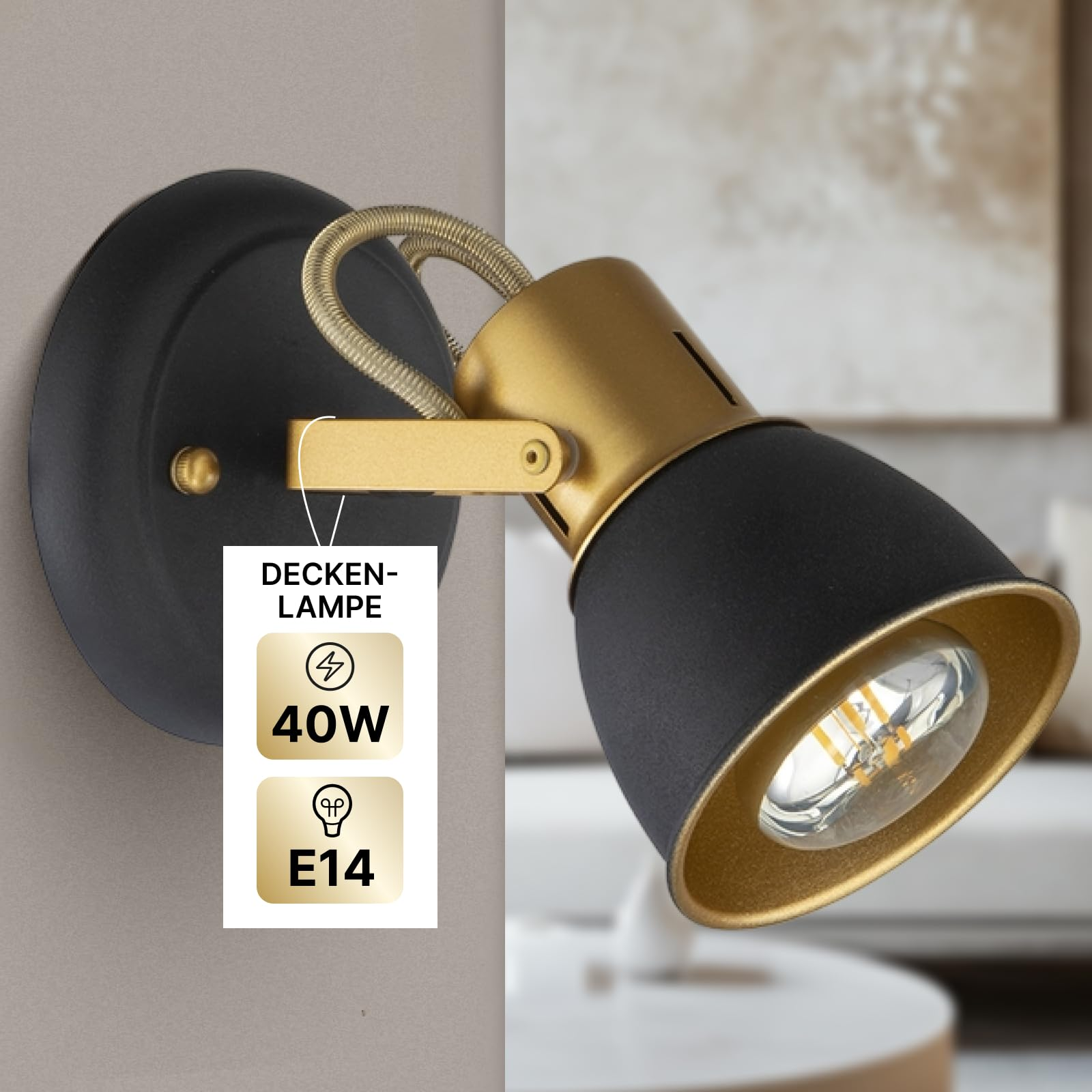 Eine schwarz-goldene Wandleuchte mit GU10-Fassung und sichtbarer Glühbirne.