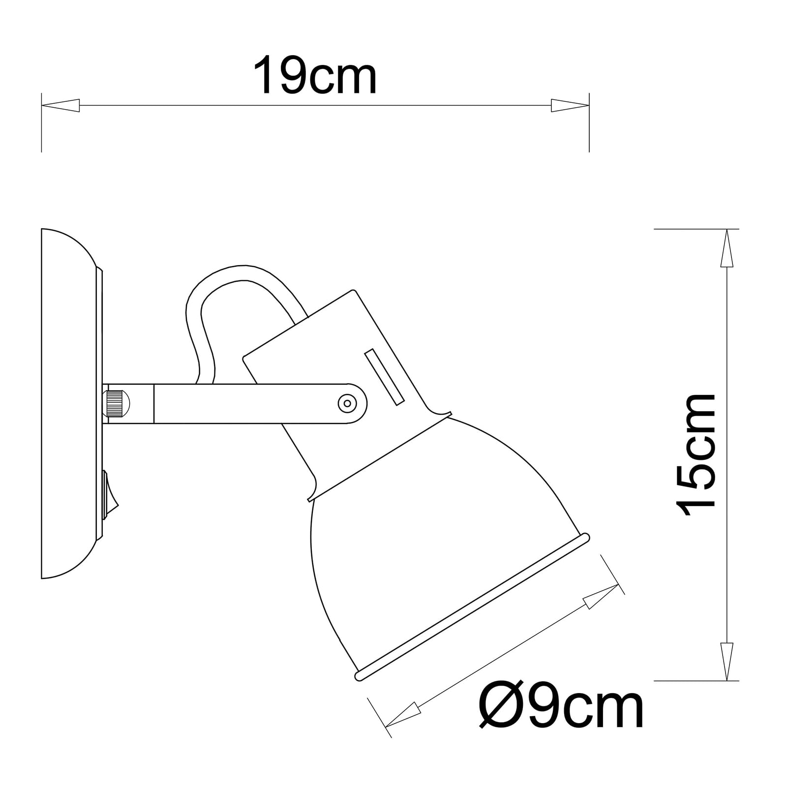 Technische Zeichnung einer Wandleuchte mit Maßen 19cm, 15cm und 9cm.