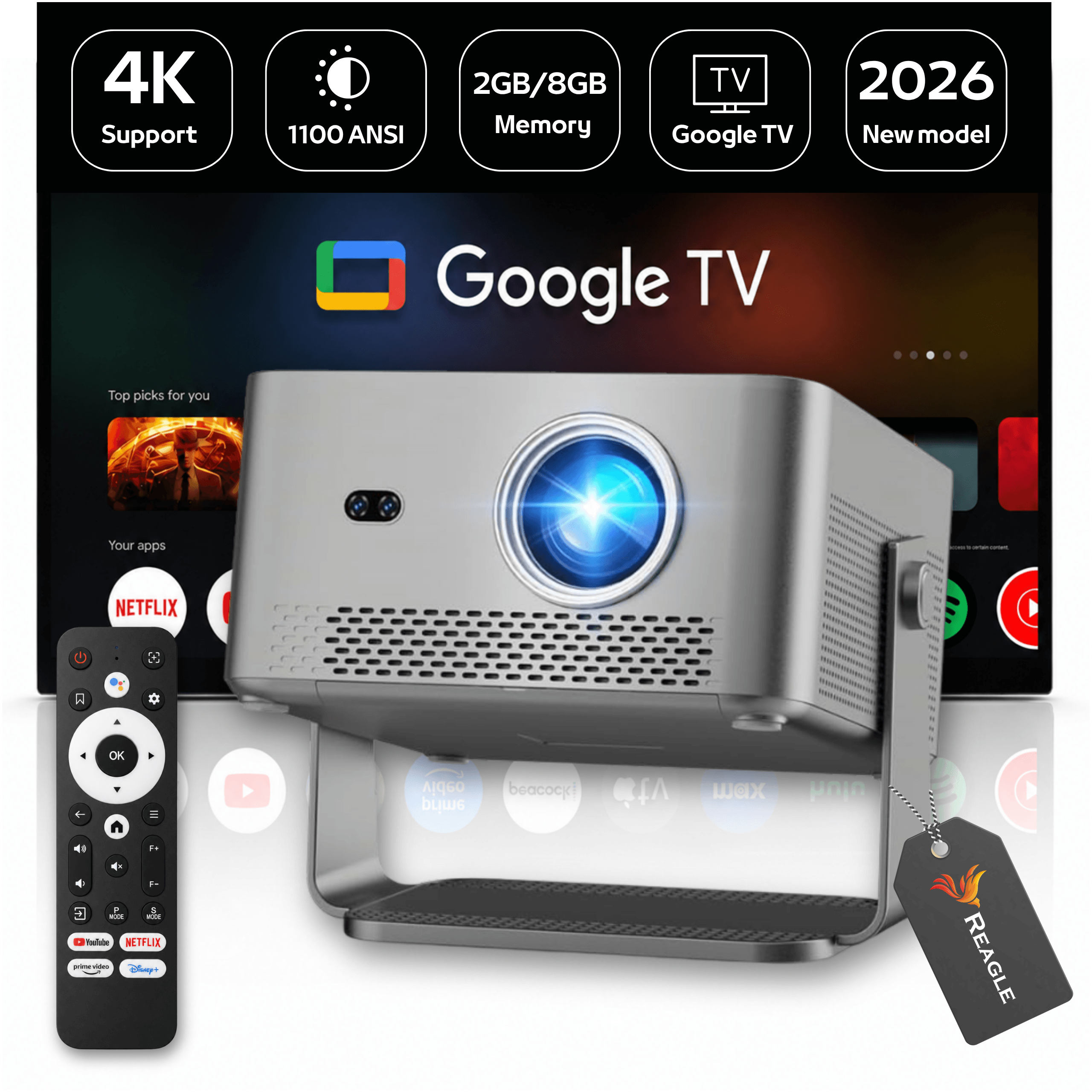 Srebrny projektor z pilotem i interfejsem Google TV. Cechy: 4K, pamięć 2/8GB.